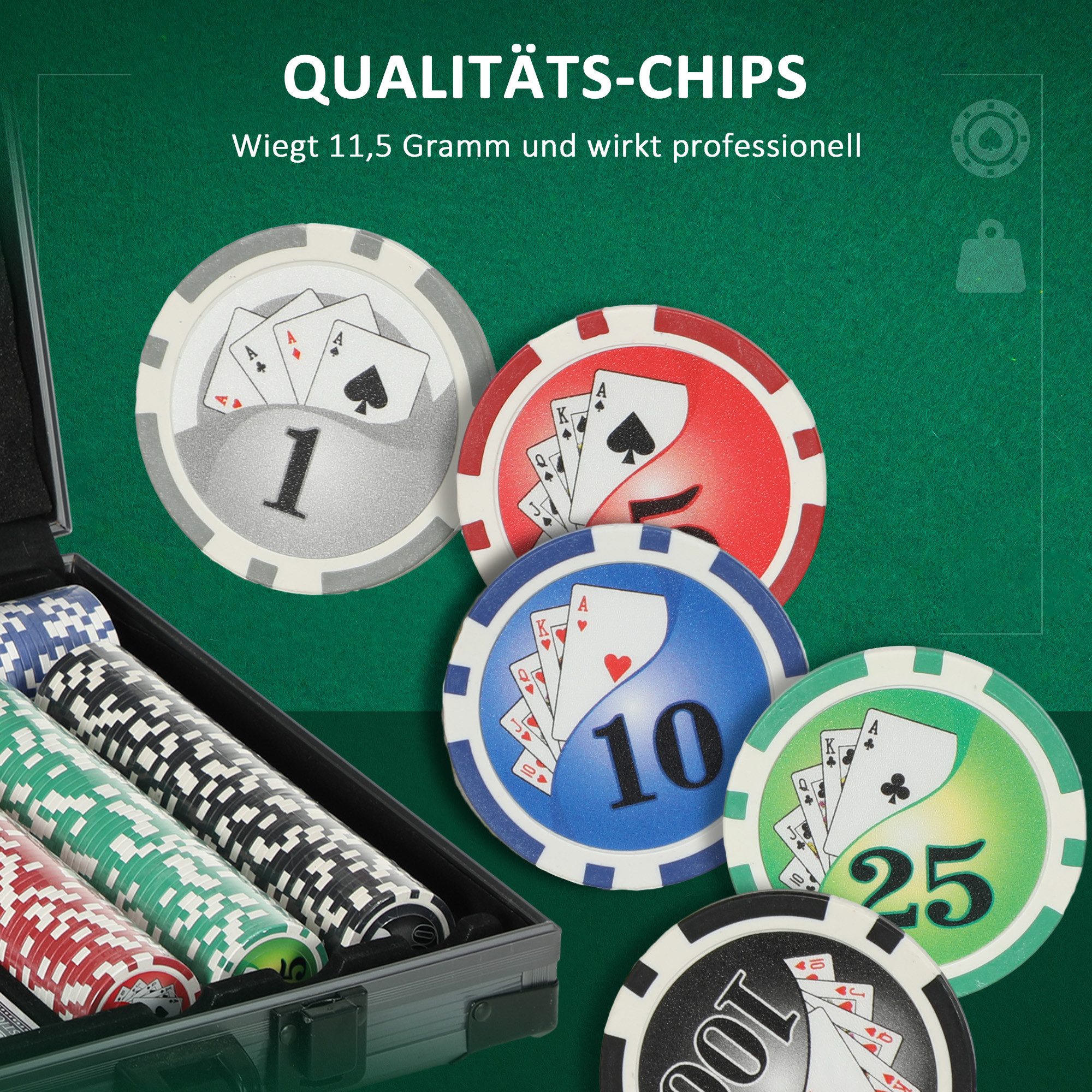 FANNOU Spiel Pokerkoffer Pokerset, Poker Komplett Set mit 400 Chips, 2 Kartendecks, 5 Würfeln, Dealer-Scheibe, Spielmatte, Aluminiumkoffer