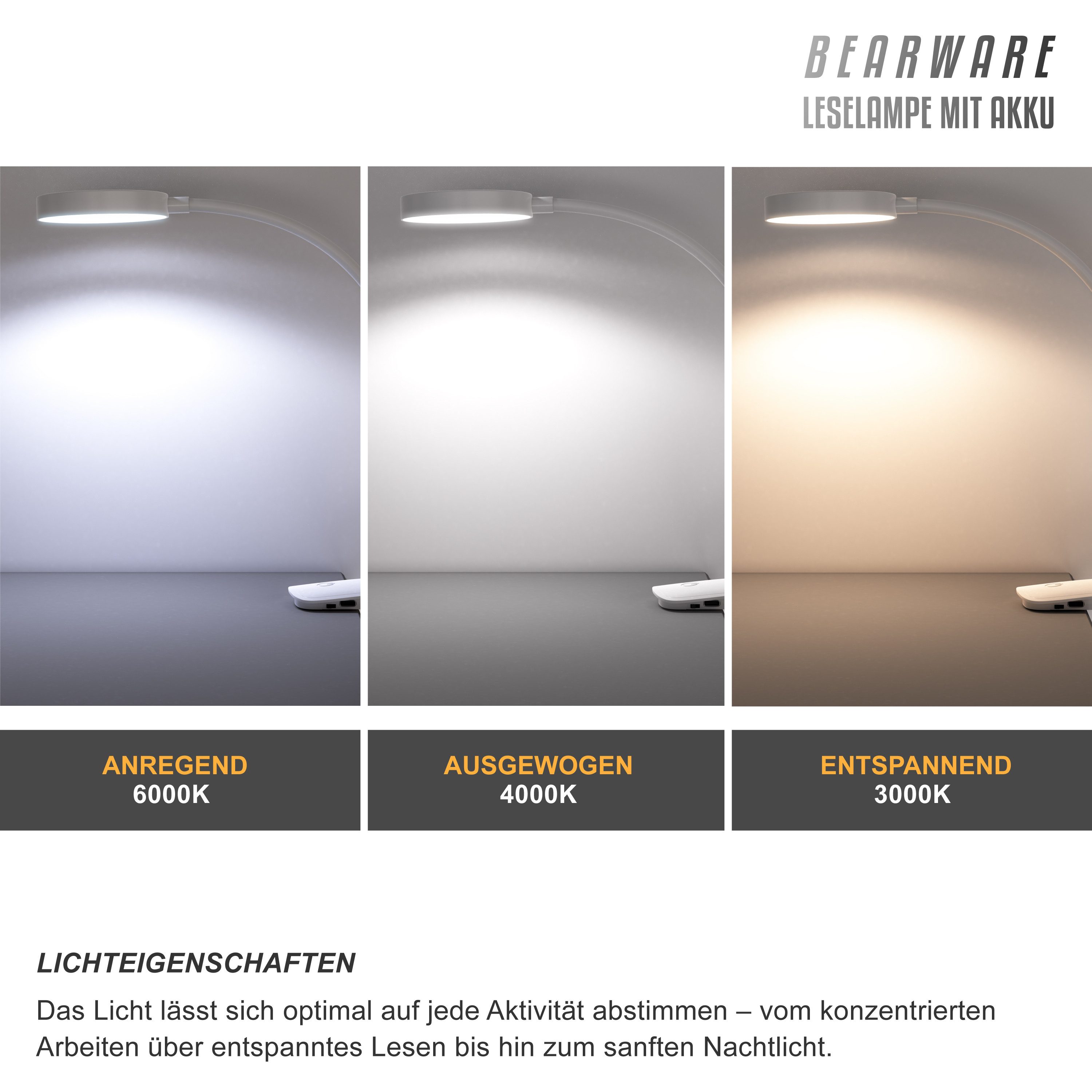 BEARWARE LED Tischleuchte Tischlampe, Nachttischlampe, Leselampe, Schreibtischlampe, Dimmfunktion; Ein-/Ausschalter; Farbwechsel; mehrere Helligkeitsstufen, LED fest integriert, Kaltweiß, Neutralweiß, Warmweiß, zum Anklemmen, 3 Lichtfarben, stufenlos dimmbar, Akku, USB-C, 2000 mAh
