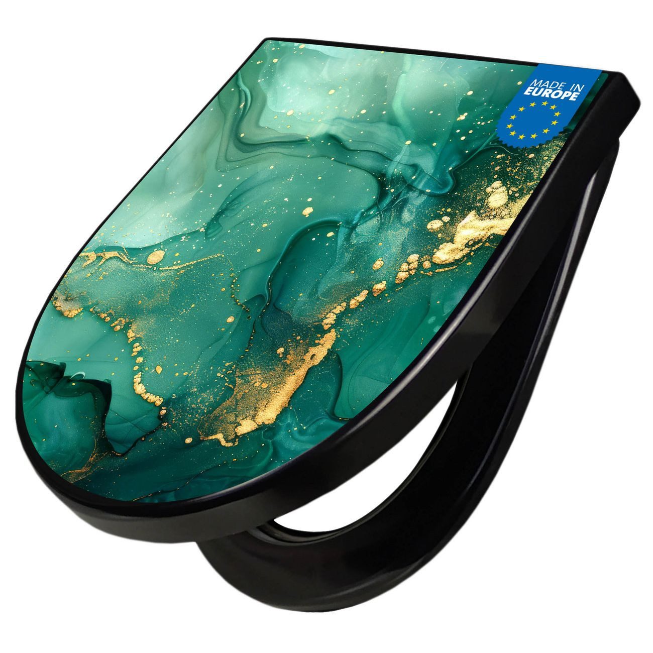 banjado WC-Sitz Premium D-Form mit Absenkautomatik Motiv Grüner Marmor mit Gold 1 (umweltfreundliches Material, Softclose Absenkautomatik), 45 x 36,4 x 4