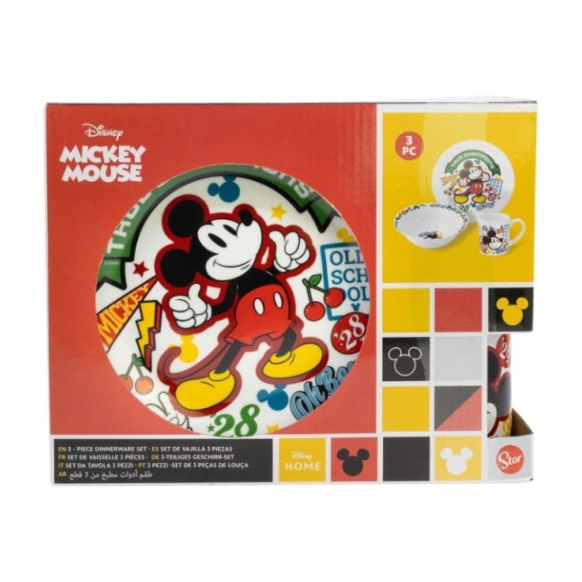 Disney Mickey Mouse Kindergeschirr-Set Keramik 3 teilig Teller Schüssel Becher in Geschenkbox (3-tlg), 2 Personen, Keramik