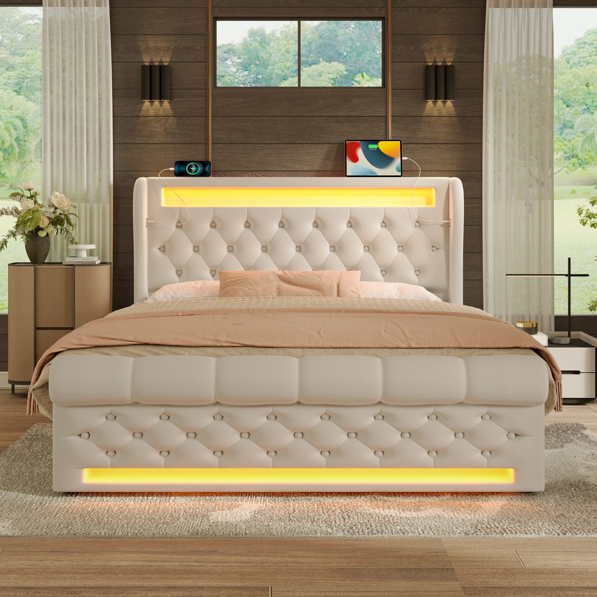 STILVORA Polsterbett 140x200 Doppelbett mit LED,Stauraumkopfteil,USB&TYPE-C günstig online kaufen