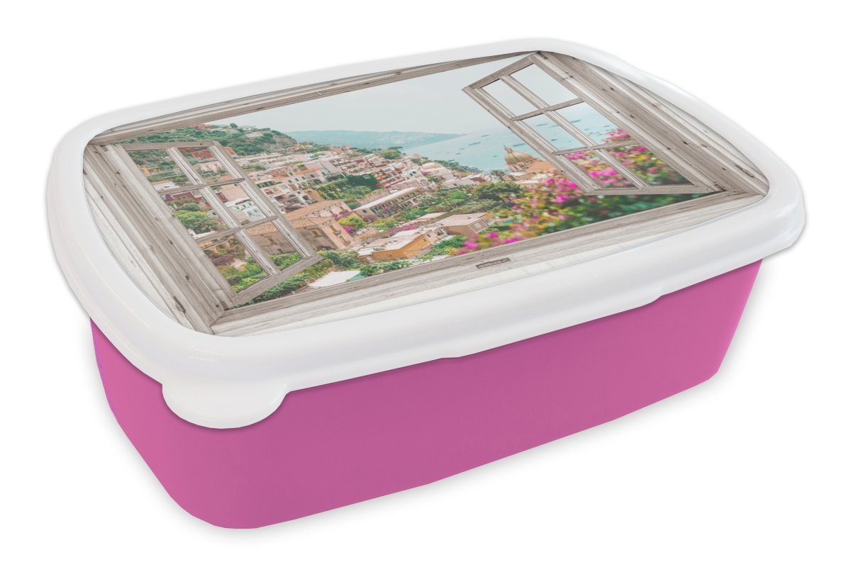 MuchoWow Lunchbox Ausblick - - - (2-tlg), Snackbox, Berge, Brotbox Mädchen, für rosa - Stadt - Küste - Erwachsene, Blumen Italien Kinder, Kunststoff, Meer Brotdose Kunststoff