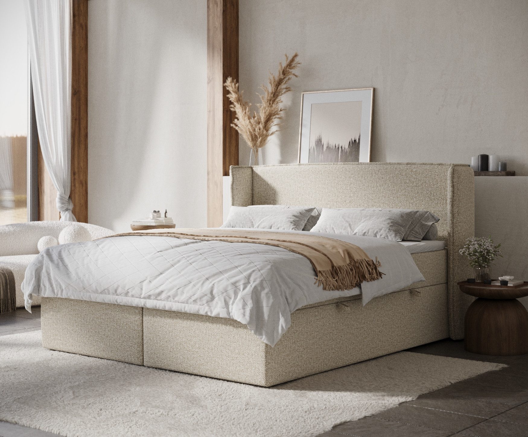 Maison de Rêve Boxbett Skyline mit Bettkasten (Matratze, Stauraum, Kopfteil, Topper), Boxspringbett mit Taschenmatratze H3, Doppelbett, inkl. Visco-Topper