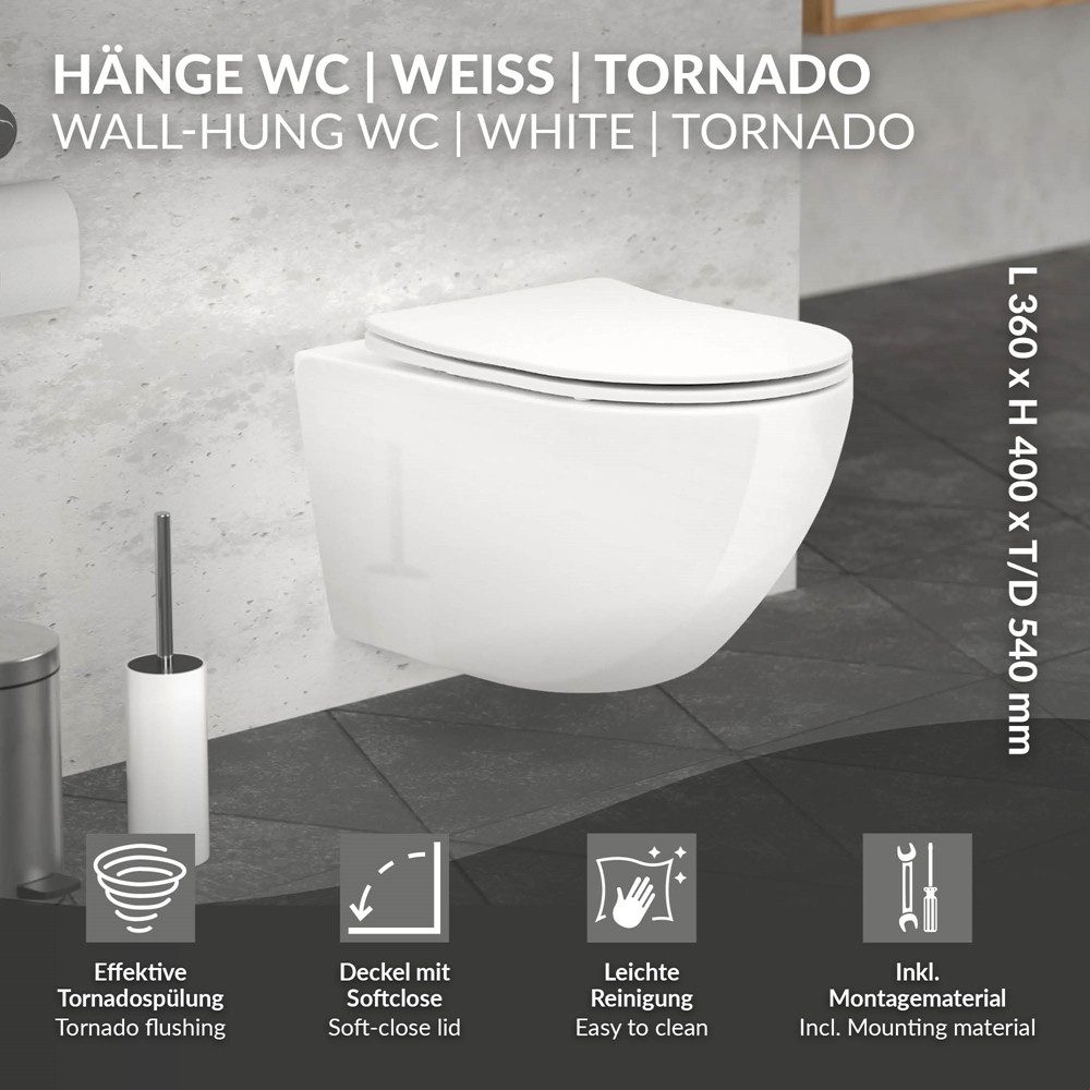 LuxeBath Tiefspül-WC Spülrandloses Hänge WC aus Keramik, mit WC-Sitz Absenkautomatik, Toilette lang ohne Spülrand mit Nano Beschichtung Tornadospülung