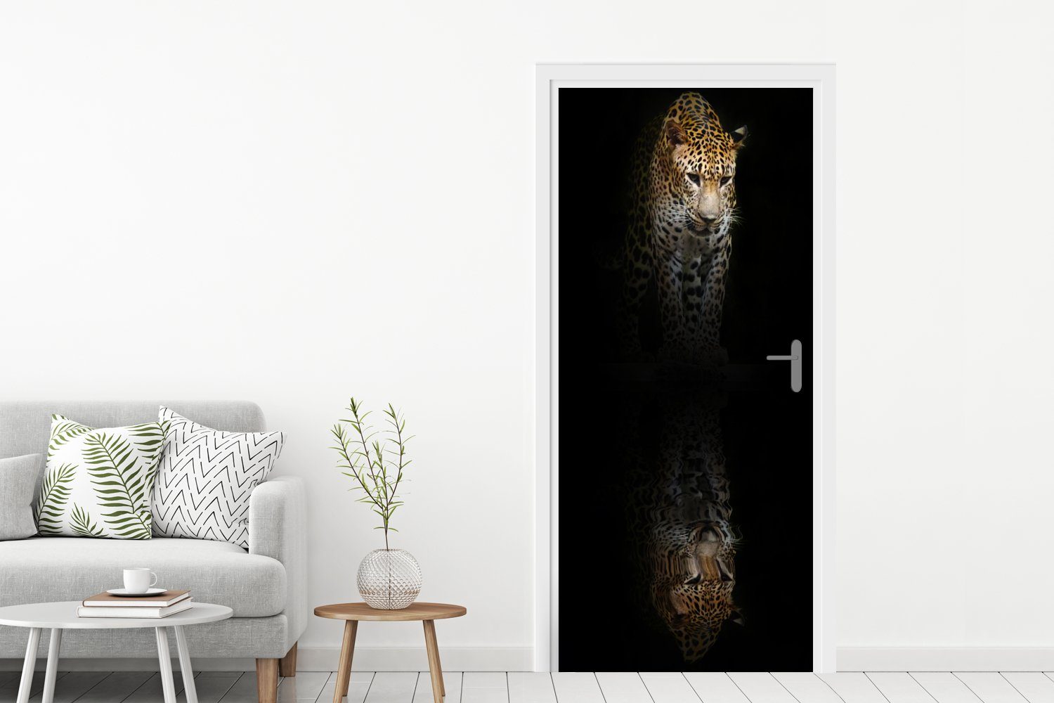 MuchoWow Türtapete Leopard - Matt, 75x205 für (1 Schwarz, Reflexion Fototapete Türaufkleber, Tür, - St), cm bedruckt