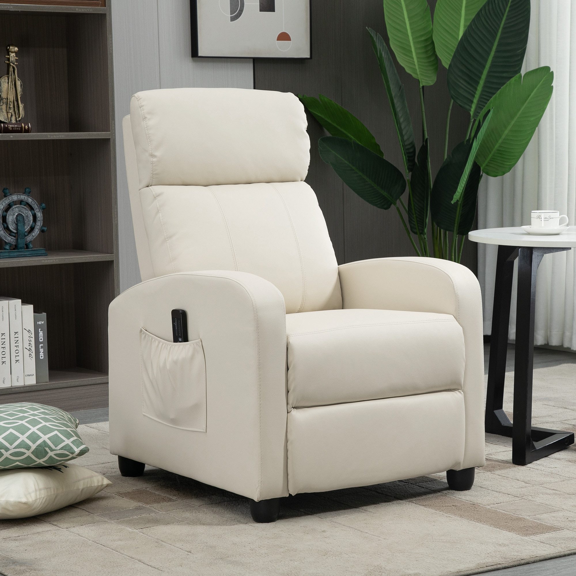 HOMCOM Massagesessel TV Sessel mit Fernbedienung, Seitentasche (Relaxsessel, 1-St., Fernsehsessel mit Vibrationsmassage), aus Kunstleder, für Wohnzimmer, Cremeweiß