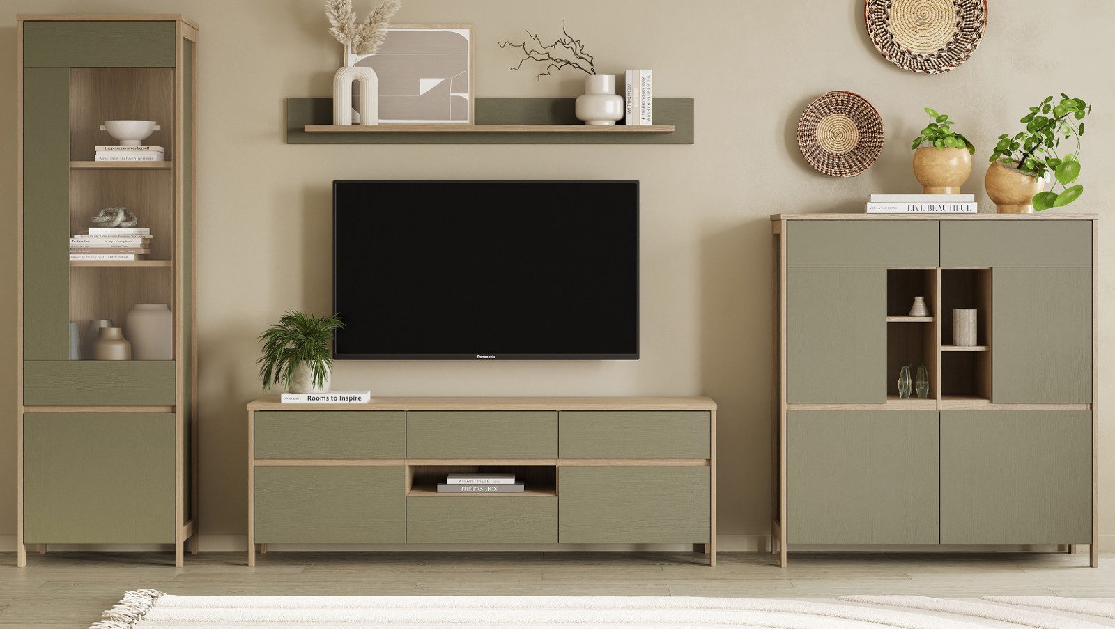 Furn.Design Wohnwand Finnes, (Schrankwand in Salbei mit Eiche Natur, 4-teilig, 360 x 195 cm), mit viel Stauraum und Soft-Close-Funktion