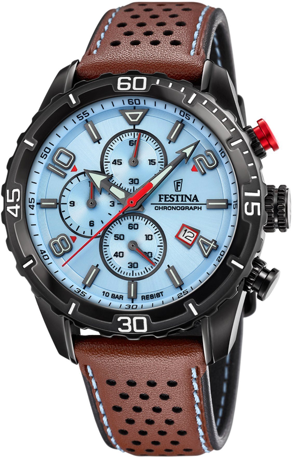 Festina Chronograph F20519-1 Blau Lederband Braun 45 mm günstig online kaufen