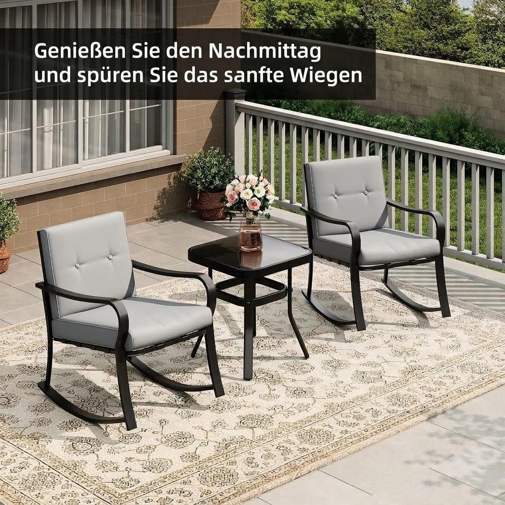 GarveeMore Gartenlounge-Set 2 Schaukelstühle mit warmgrauen Kissen & Glastisch, 3-teiliges Bistro-Set für den Außenbereich,Gartenmöbel-Set für Garten – Bild 5 von 5