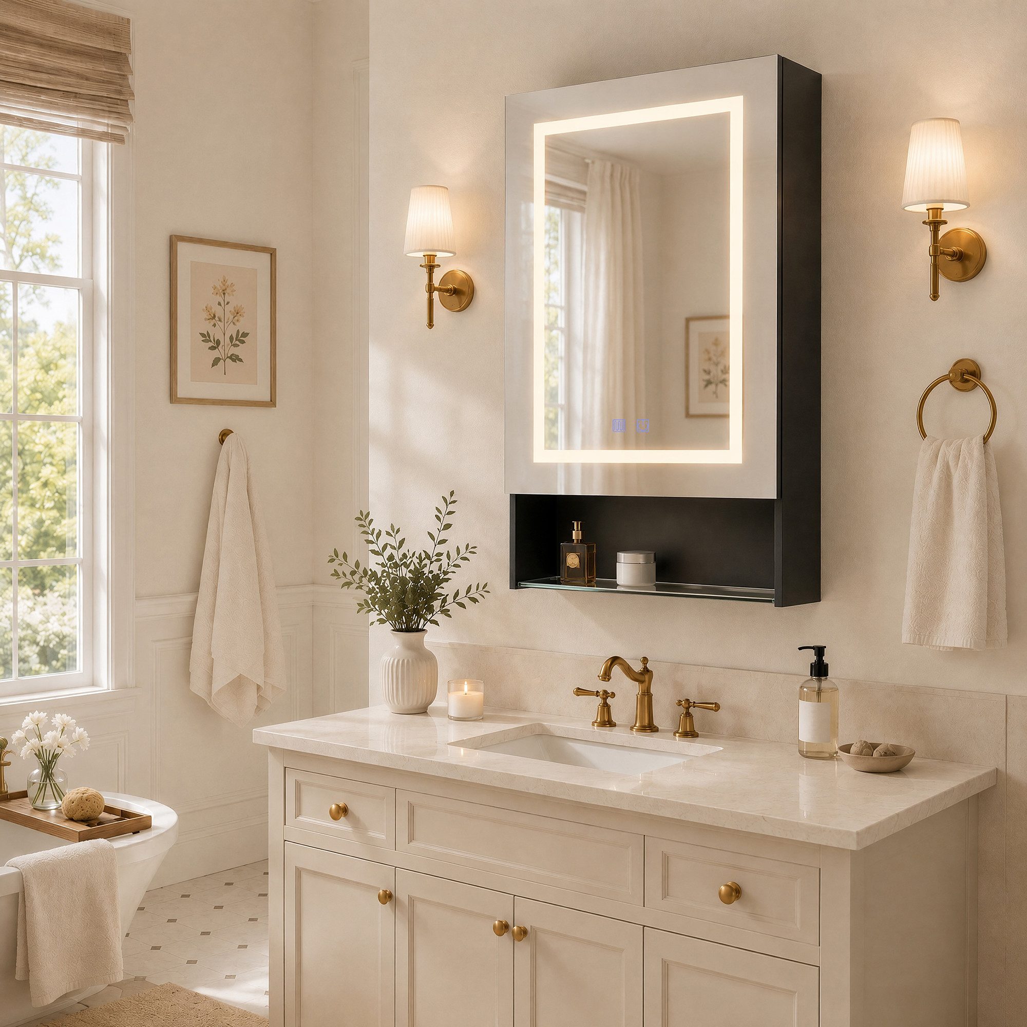 Simurq Spiegelschrank Bad mit Beleuchtung und offene Regal, Anti-Beschlag, 1 Türen (Badschrank mit Spiegel & verstellbare Ablagen) Badezimmerspiegelschrank Hängeschrank