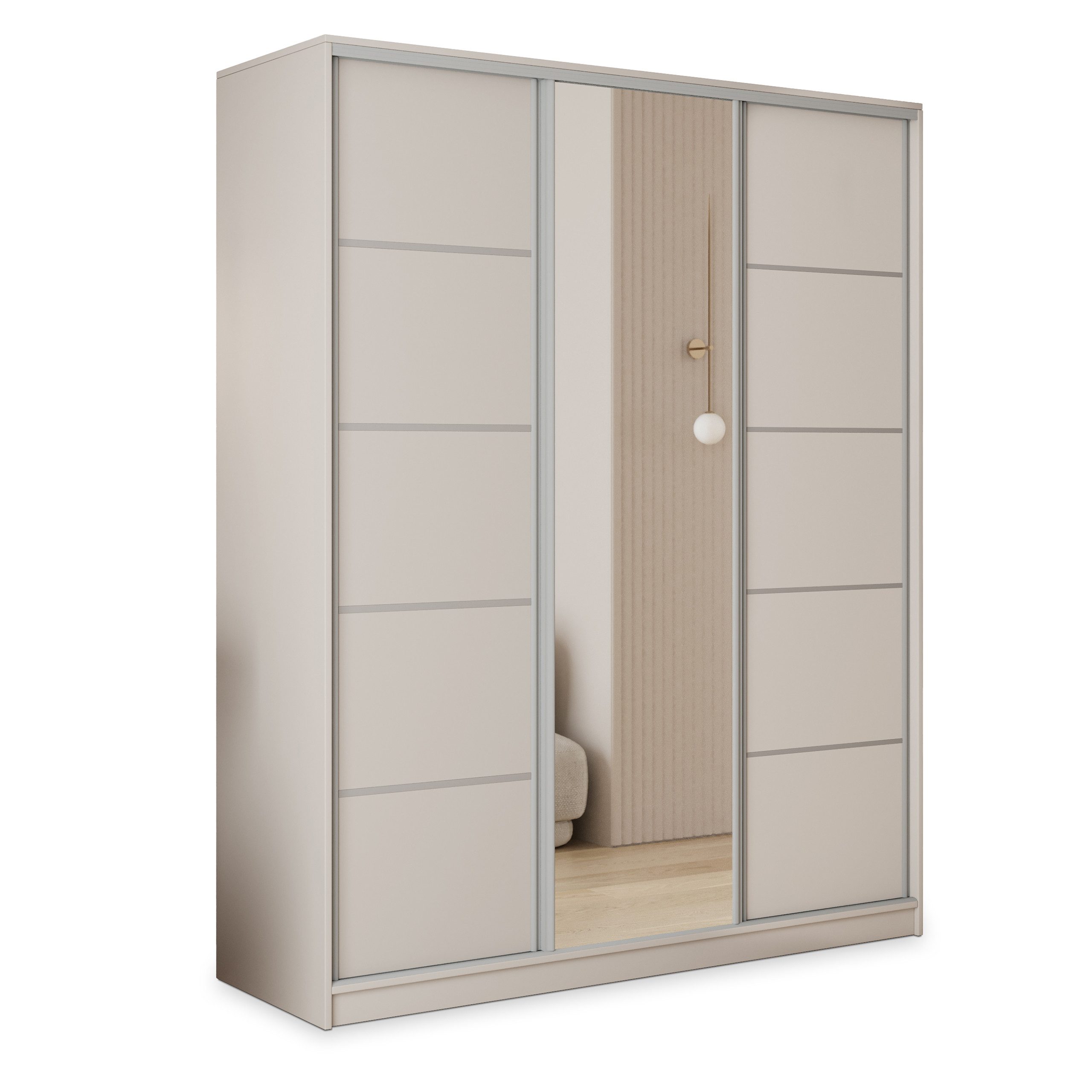 Masseno Schwebetürenschrank PINA 150 cm Kleiderschrank mit Spiegel 3 Türen Kaschmir