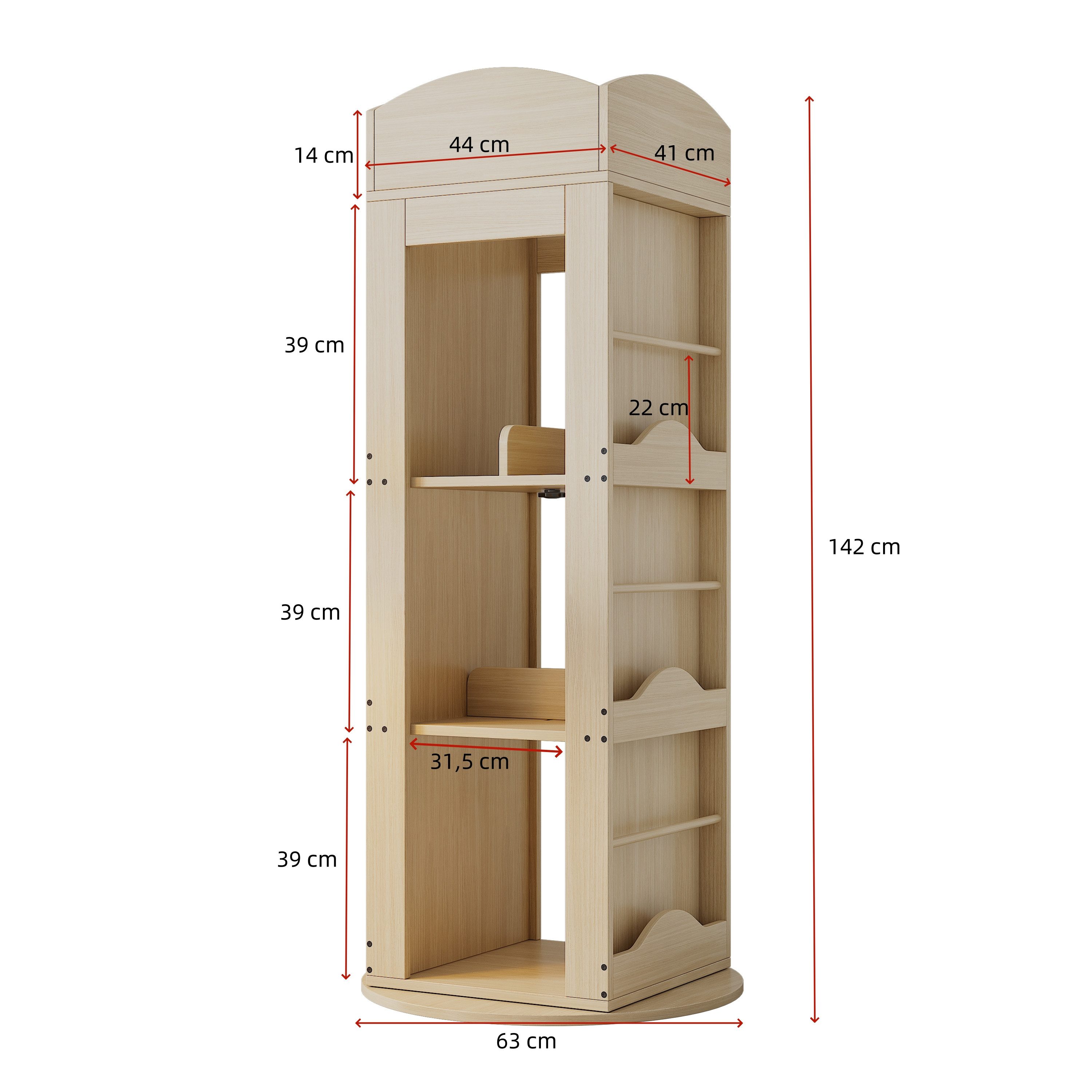 Flieks Bücherregal 360° drehbar, 142×63×63 cm 1-tlg., 4 Ebenen Standregal schwenkbar Lagerregal mit Fächern Holzoptik – Bild 5 von 5