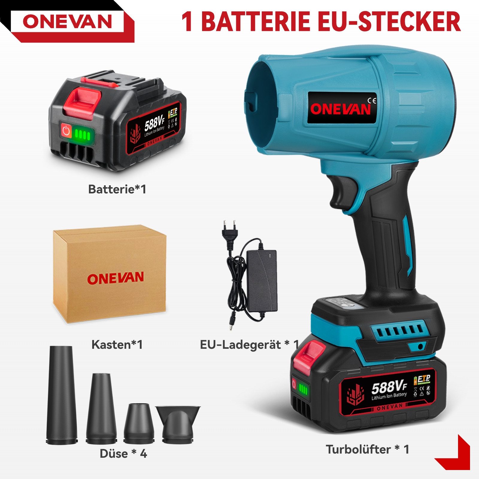 ONEVAN Akku-Gebläse Turbo Gebläse Bürstenloses Laubbläser Akku, 300 m/s Jet günstig online kaufen
