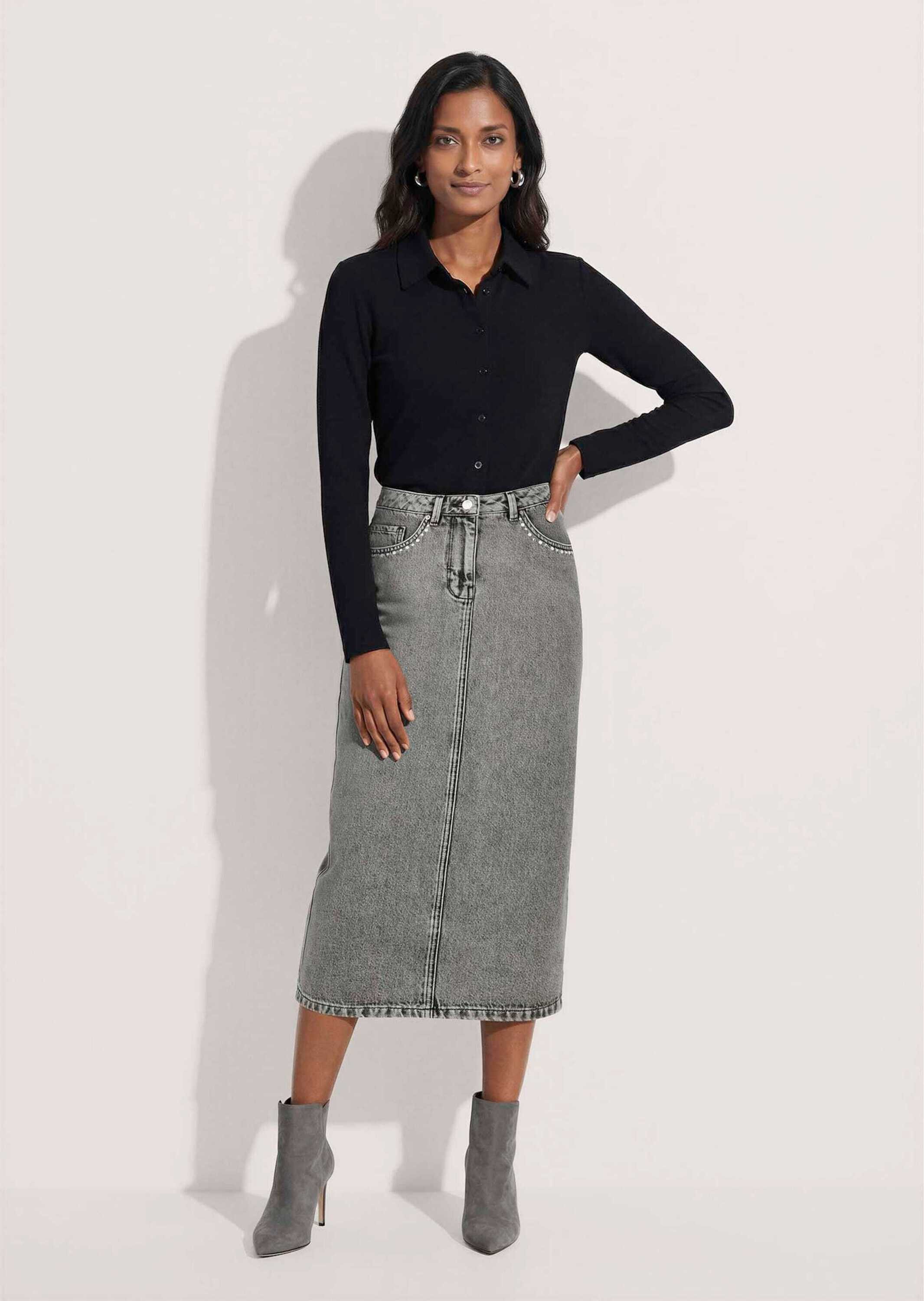 MADELEINE Maxirock Jeansrock mit verzierten Taschen 5-Pocket-Style mit M-Logo-Knopf, Nieten & Gehschlitz