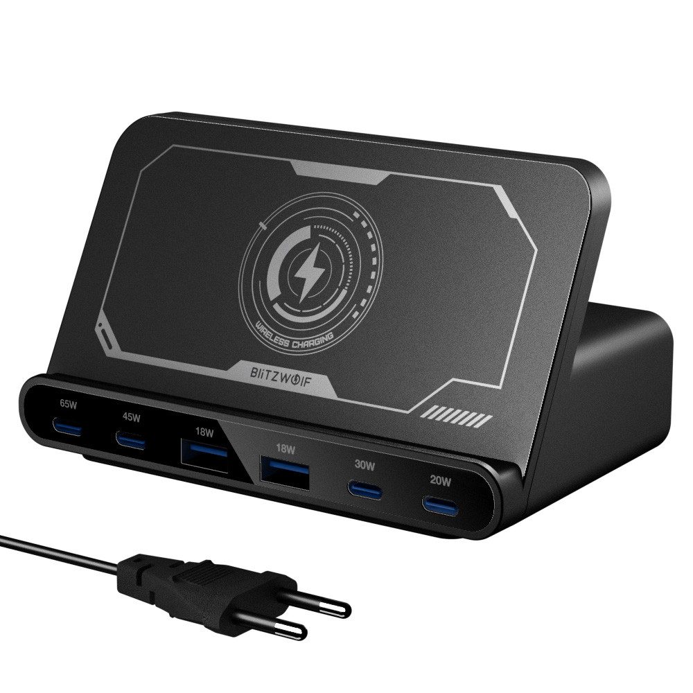 BLiTZWOLF Kabelloses Ladestation (160W 6-Port USB PD Desktop Schnellladegerät, 2 USB-A 4 USB-C PD3.0 QC4.0 Induktive Ladegerät)