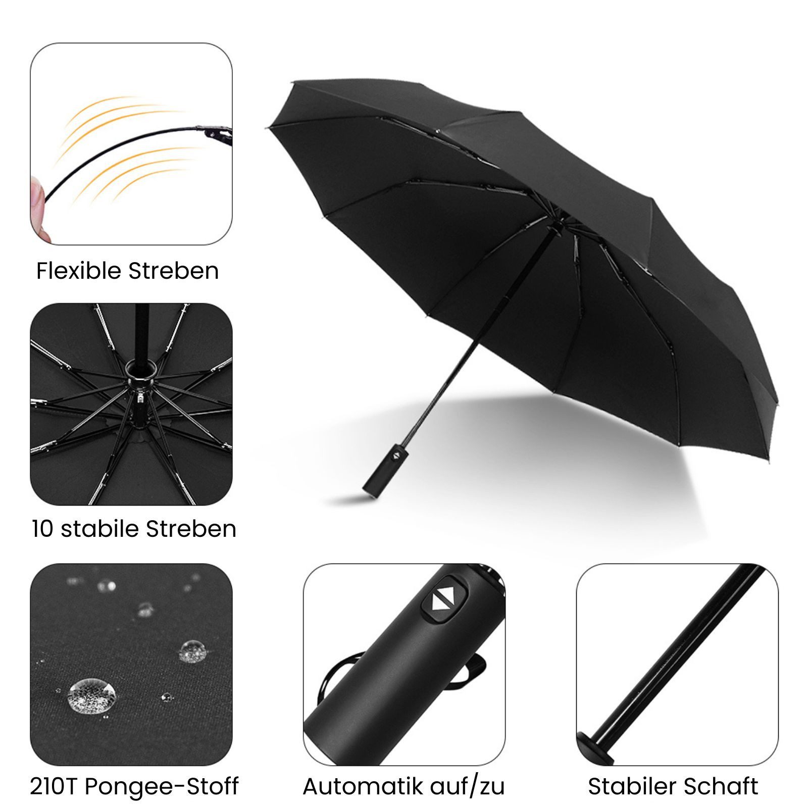 KONO Taschenregenschirm Automatik Regenschirm, 1-Klick Öffnen & Schließen, Schwarz, Leicht, Robust