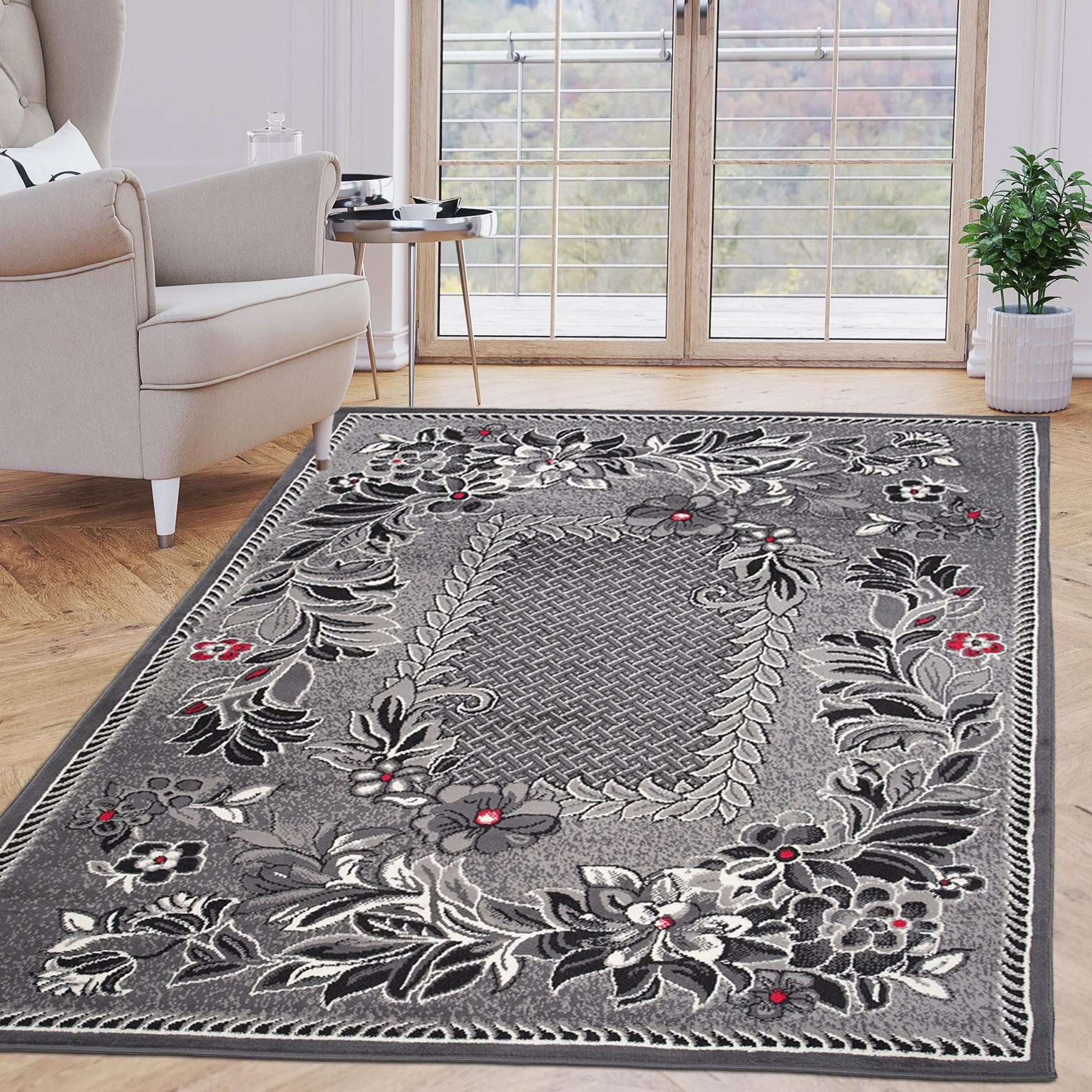 Mazovia Designteppich Retro Pflanzlich Anthrazit Grau Wohnzimmer, Schlafzimmer, Esszimmer, Fußbodenheizung – Bild 2 von 5