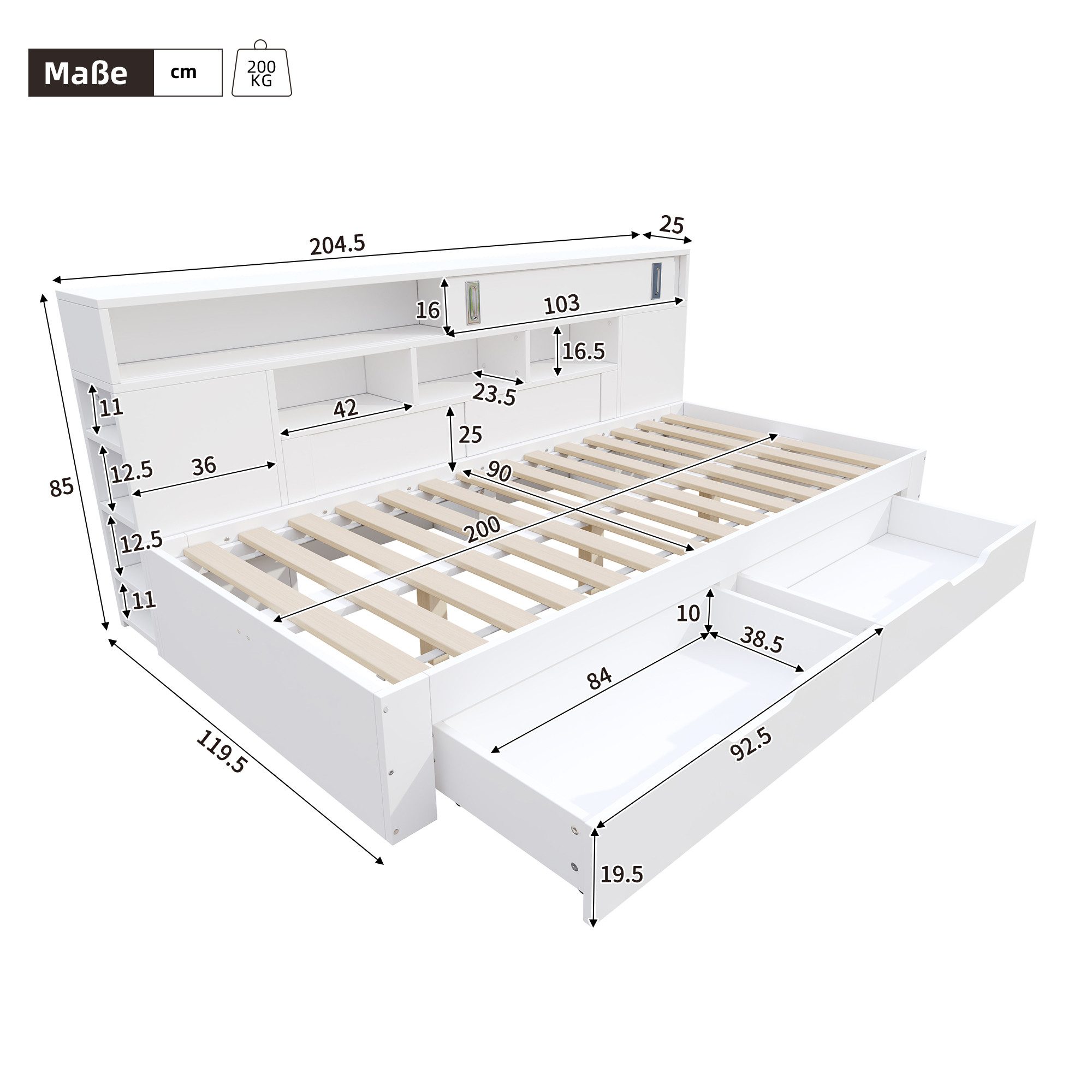 Odikalo Daybett Schlafsofa Stauraumbett Holzbett Schubladen Regale 90/140x200cm Weiß – Bild 5 von 5