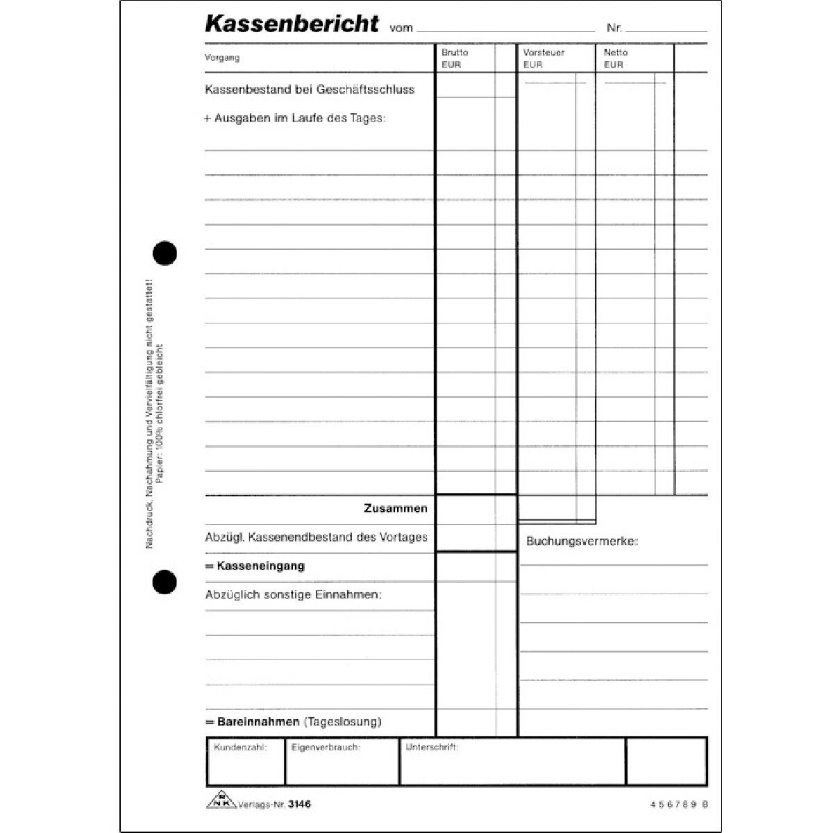 RNK Verlag Formularblock Kassenberichtsblock mit gesondertem Mehrwertsteuerausweis A5 50 Blatt