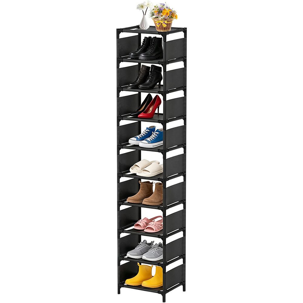 TUWENA Schuhregal Schuhregal Schmal und Hoch Schwarz mit 10 Ebenen,Schmaler Schuhschrank, 33 x 28 x 160 cm, Metallgestell, Einlegeböden aus Vliesstoff