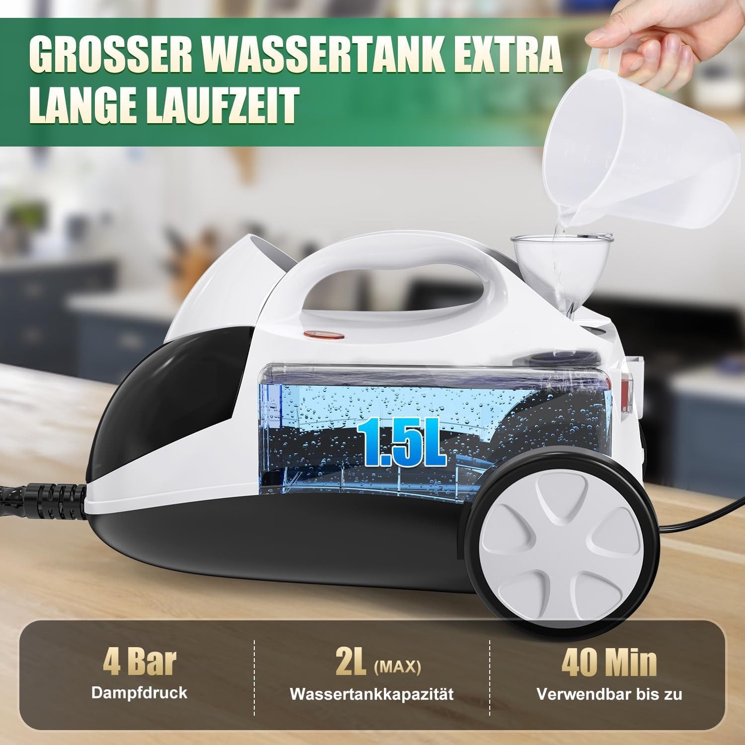 Rolipo Dampfreiniger Dampfdruck:4 Bar,Leistung:2000 W,Tank:Max 2 L,Nutzungsdauer:40 Minuten, 2000 W, Dampfdruck:4 Bar,Leistung:2000W,Tank:Max 2L,Nutzungsdauer:40 Minuten