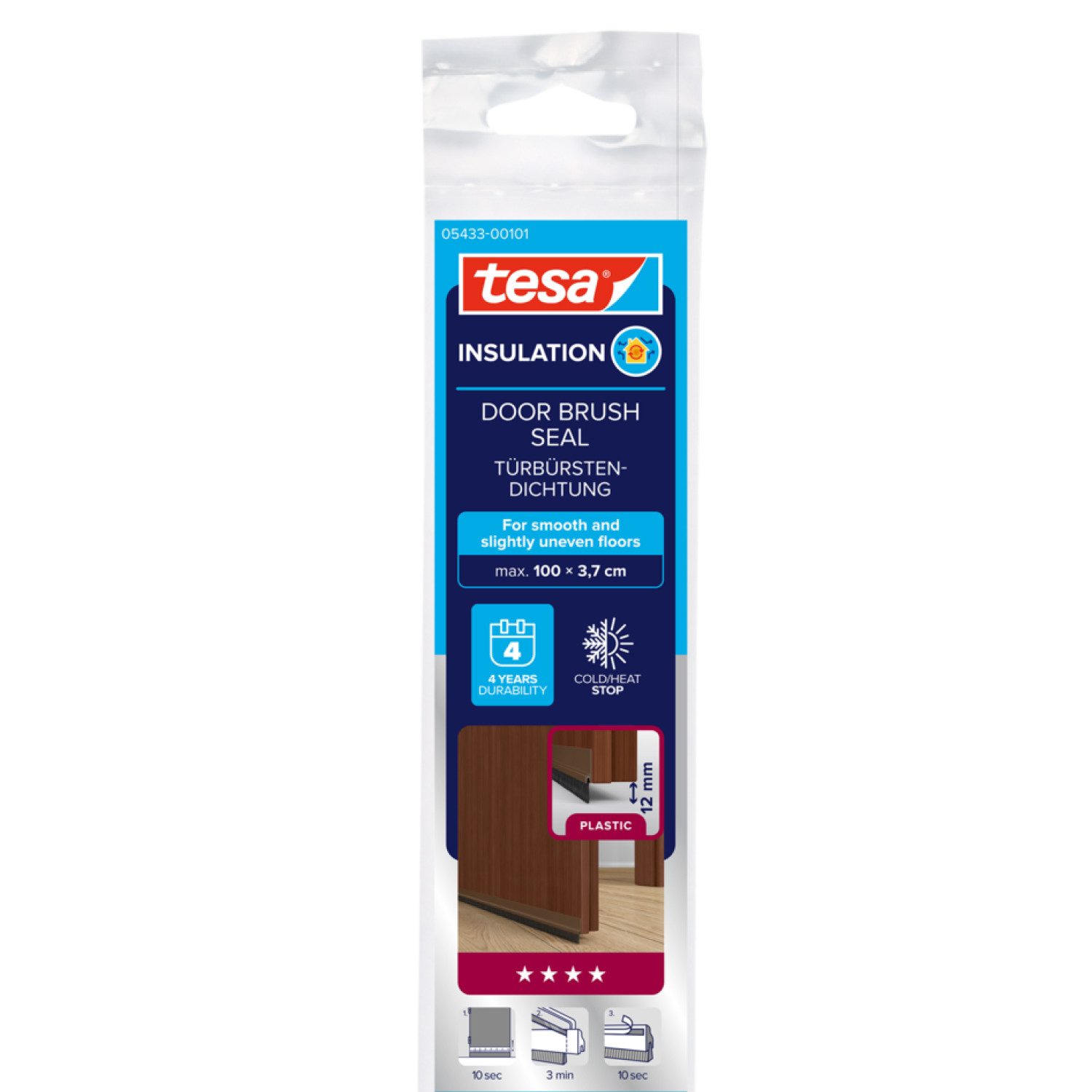 tesa Türbodendichtung INSULATION Türdichtschiene für glatte Böden, (Packung, 1-St., Türdichtschiene braun- mit Bürstendichtung bis 12 mm), Selbstklebende Türdichtung zum Schutz vor Zugluft