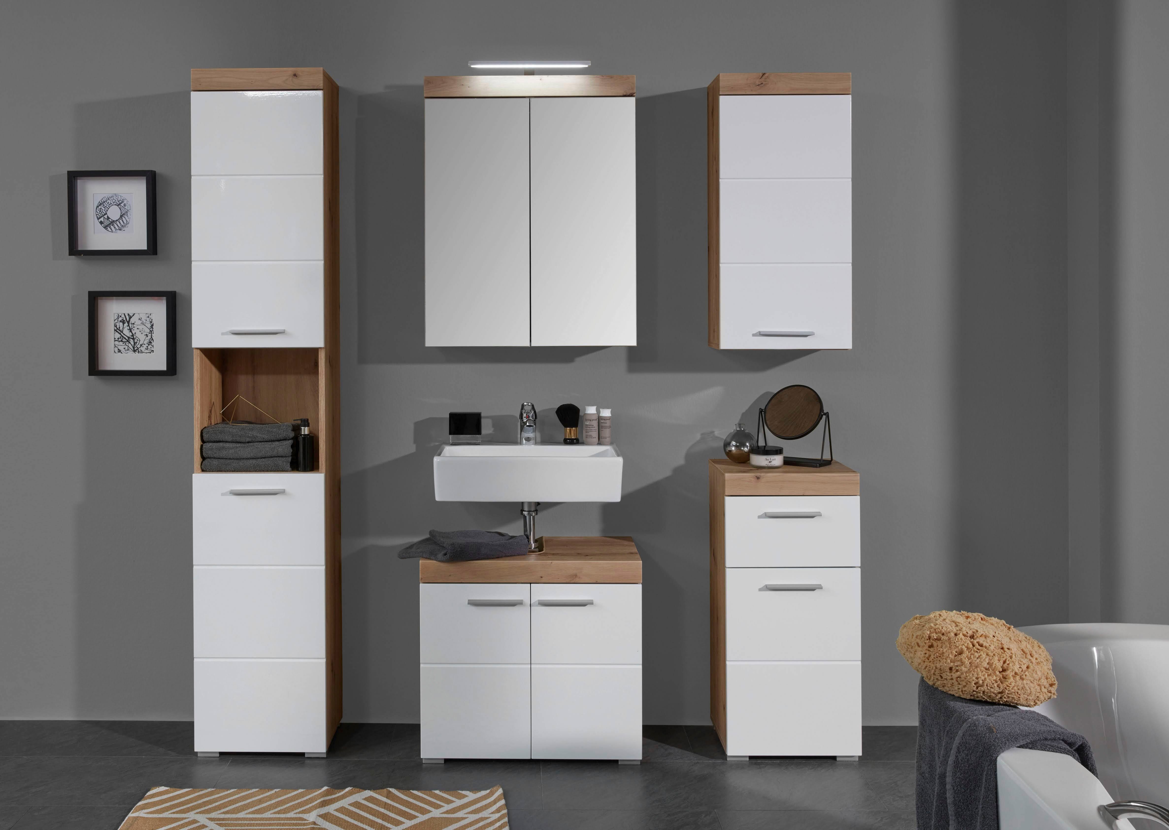welltime Badmöbel-Set Avena, (Set, 5-St), Hochschrank, WBU, Spiegelschrank, Kommode, Hängeschrank u. Beleuchtung