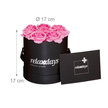 Gestecke Schwarze Rosenbox rund mit 8 Rosen, relaxdays, Höhe 17 cm, Rosa