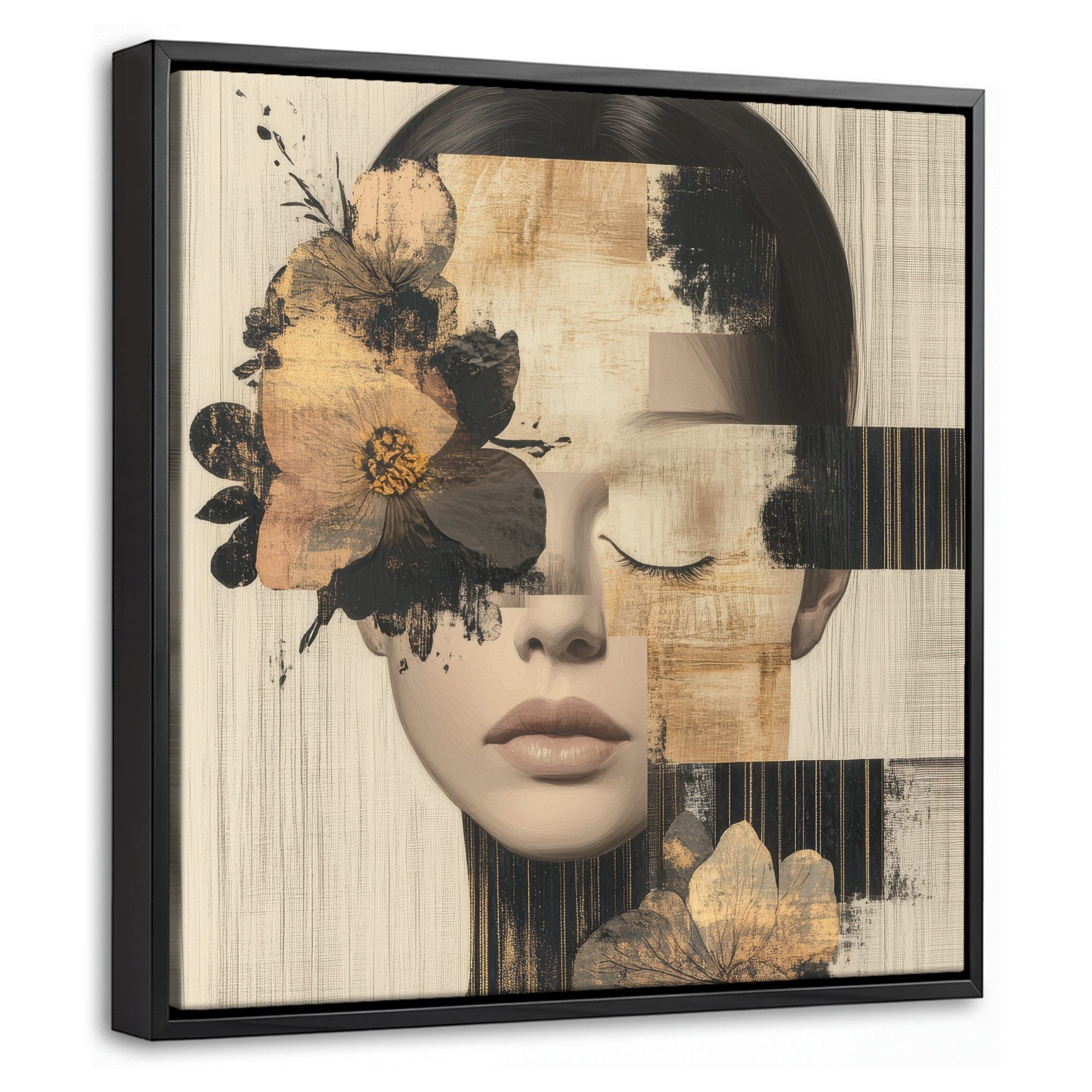 OneMillionCanvasses® Leinwandbild mit Rahmen - Gesicht - Blumen - Schwarz - Frau, Fotodruck (1 St), Leinwand Bilder Klein, Wand Dekoration Aesthetic 20x20cm