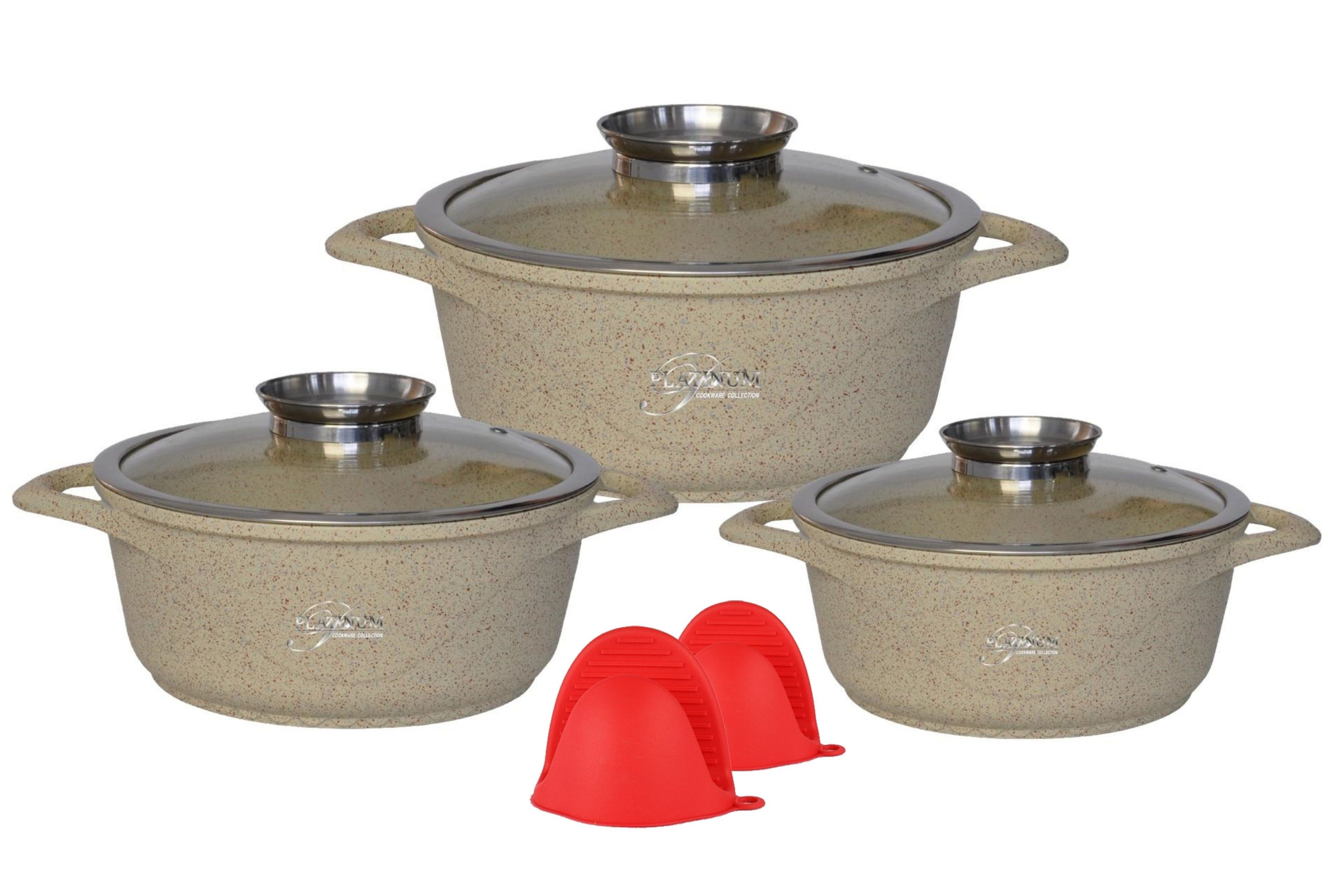Topf-Set Kochtopf Set 8 tlg Topf Glasdeckel Aluguss Ø20,24,28cm Platinum