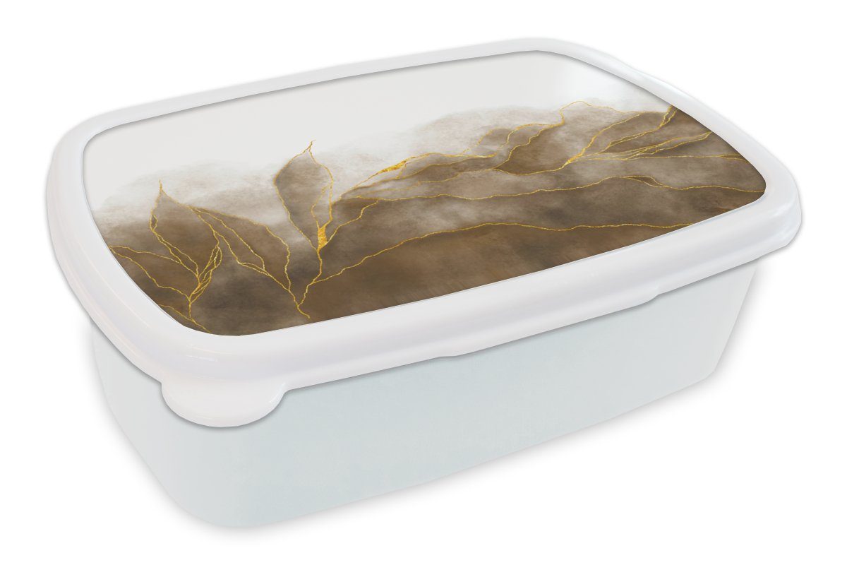 MuchoWow Lunchbox Marmor - Gold - Braun - Textur - Marmoroptik, Kunststoff, (2-tlg), Brotbox für Kinder und Erwachsene, Brotdose, für Jungs und Mädchen weiß