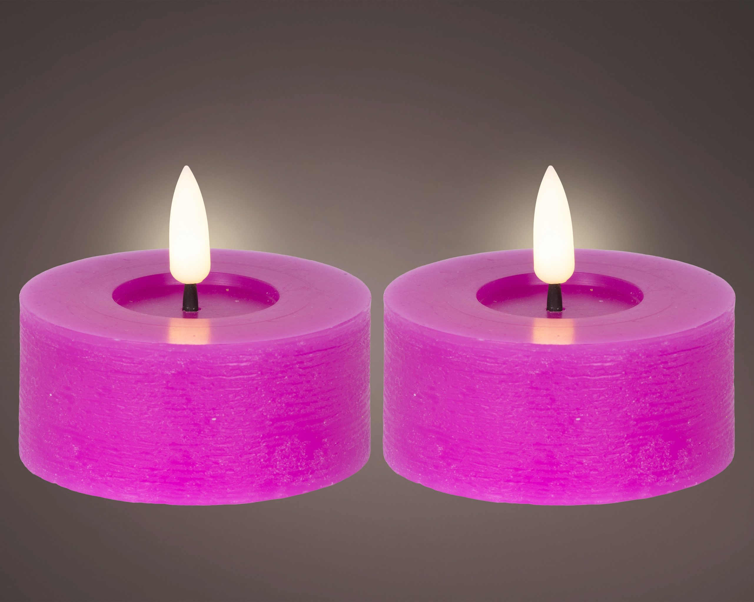 Lumineo LED-Kerze, LED Teelichter 7x6cm mit Timer Wachs 2 Stück Lila / Warmweiß