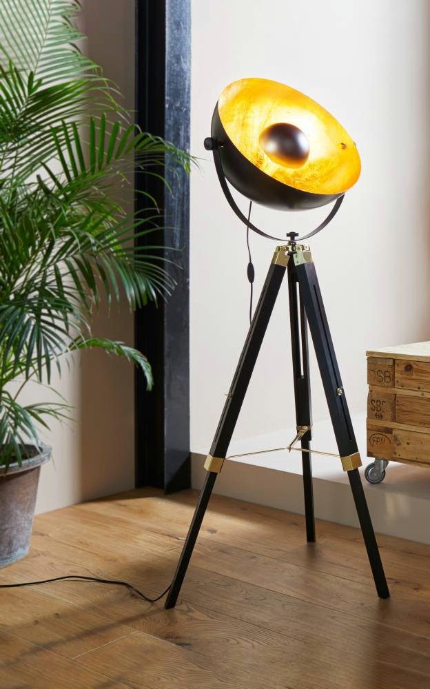 EGLO Stehlampe COVALEDA Stehlampe, Holz und Stahl, E27, IP20, Industrial, Lampe, Ein-/Ausschalter, ohne Leuchtmittel, Stehleuchte, H164 x Ø55 cm, schwarz, messing, gold, 1X60W exkl.