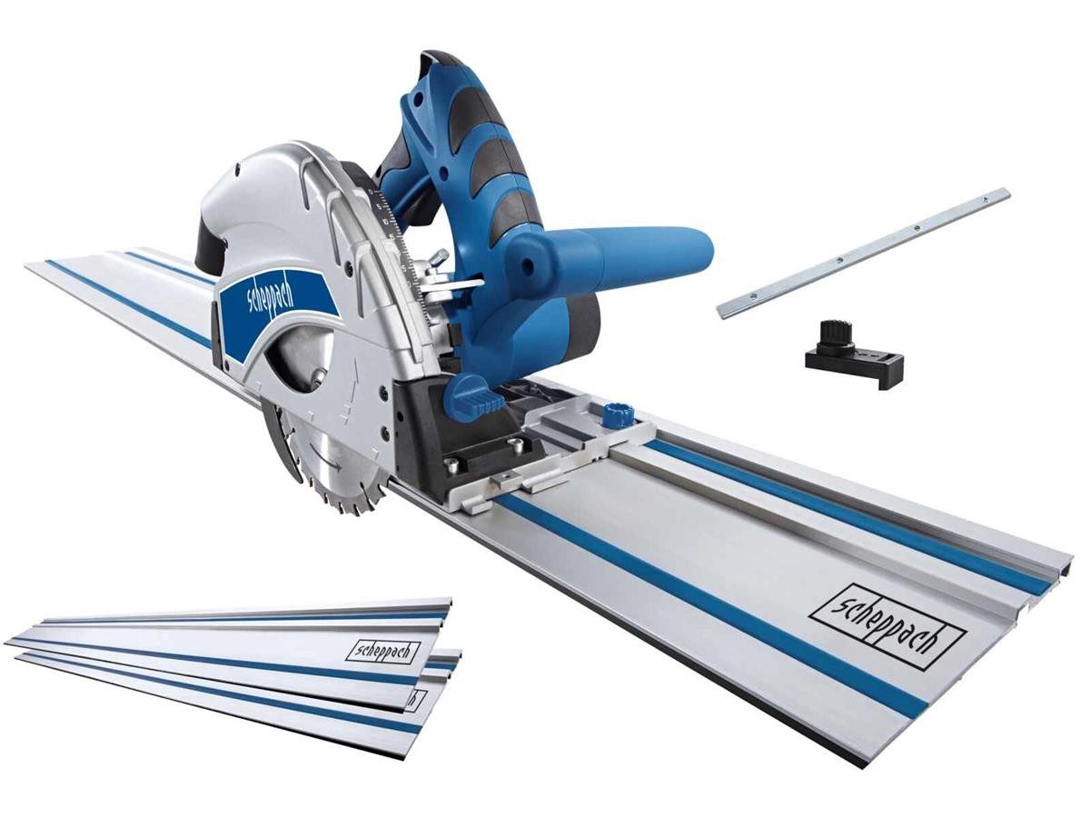 Scheppach Tauchsäge PL55, Set, 5-tlg., 1200W Handkreissäge mit Ø160mm Sägeblatt, 2x je700mm Führungsschiene
