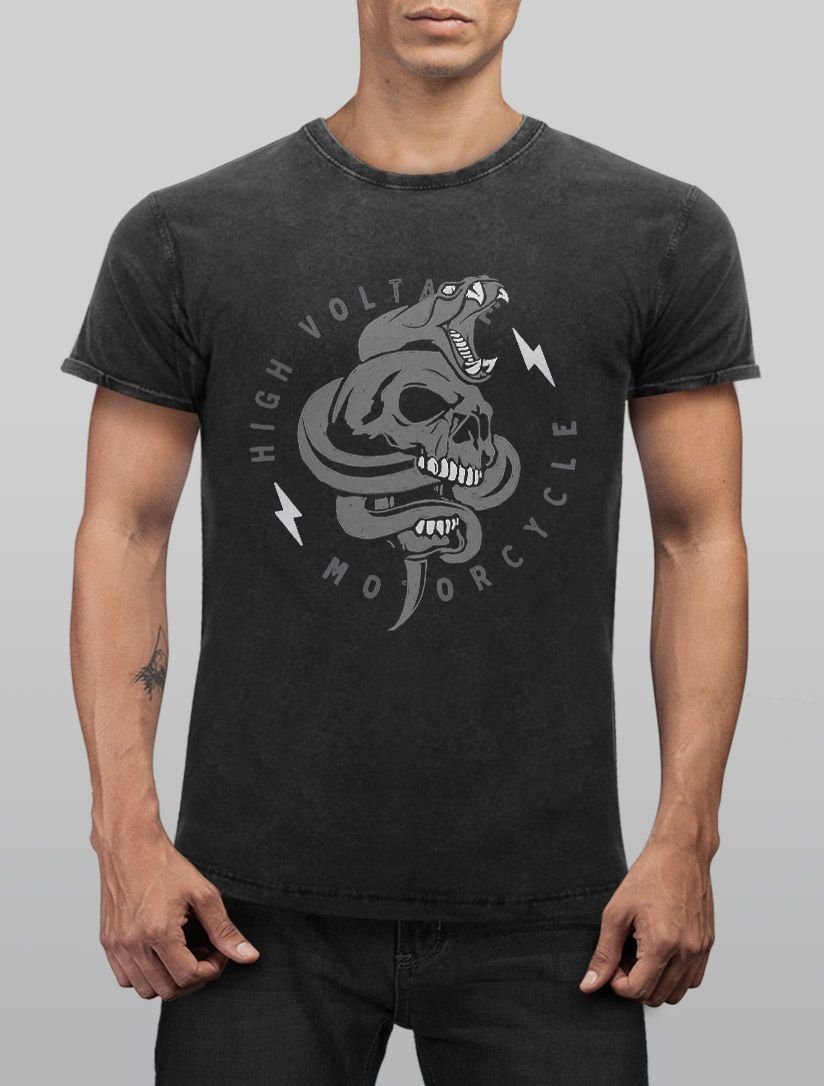 Herren Shirts Neverless Print-Shirt Neverless® Herren T-Shirt Totenkopf Print Kobra Motiv High Voltage Motorcycle Schriftzug Roc