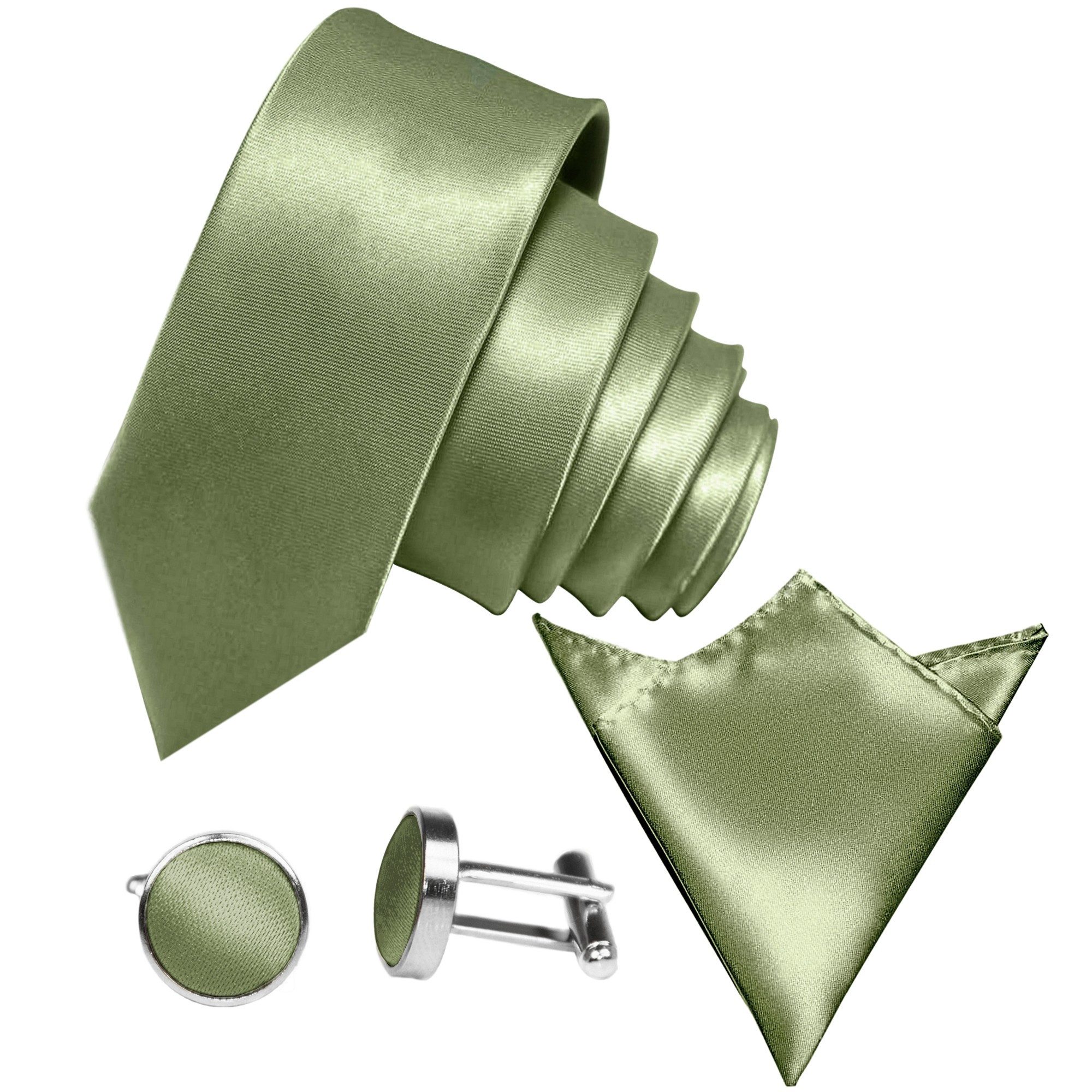 GASSANI Krawatte Satin Hochzeitskrawatte, Herren-Krawatte Hochzeit Schlips z Anzug (Set, 3-St., Галстукиset, mit Einstecktuch, Manschettenknöpfe) 6cm Schmal Dünn, Slim Uni, Seide-Touch-Finish