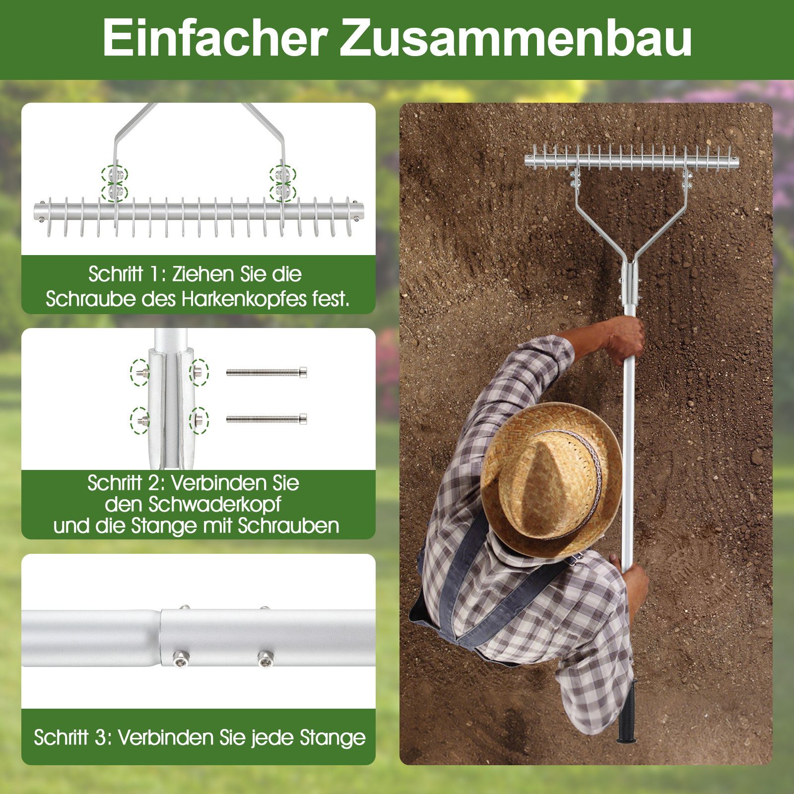 COSTWAY Gartenrechen, 50cm breiter Aluminium-Rasenrechen mit 19 Zinken