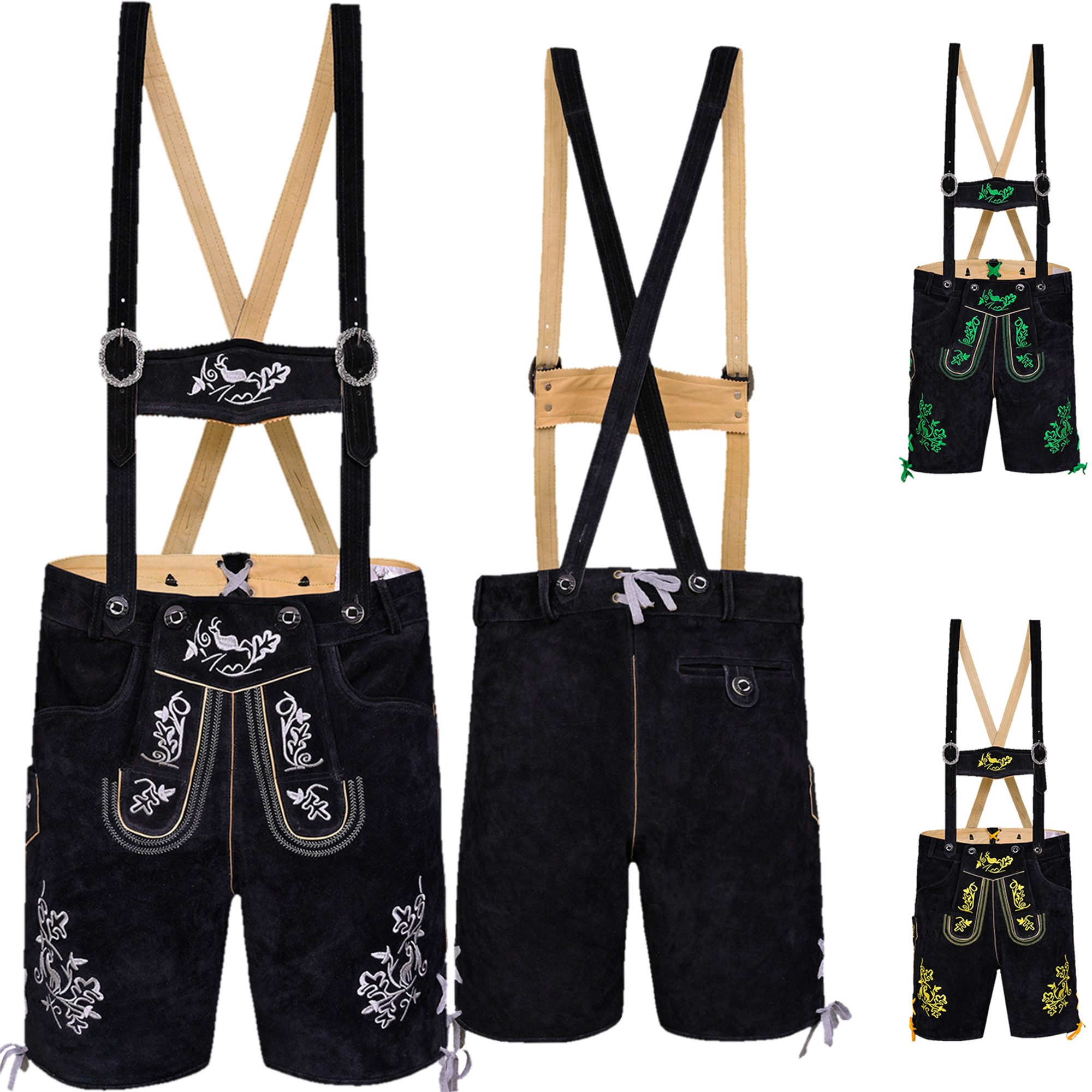 German Wear Trachtenlederhose GW721 kurze Trachten Lederhose mit Брюкиträger Trachtenhose Schwarz