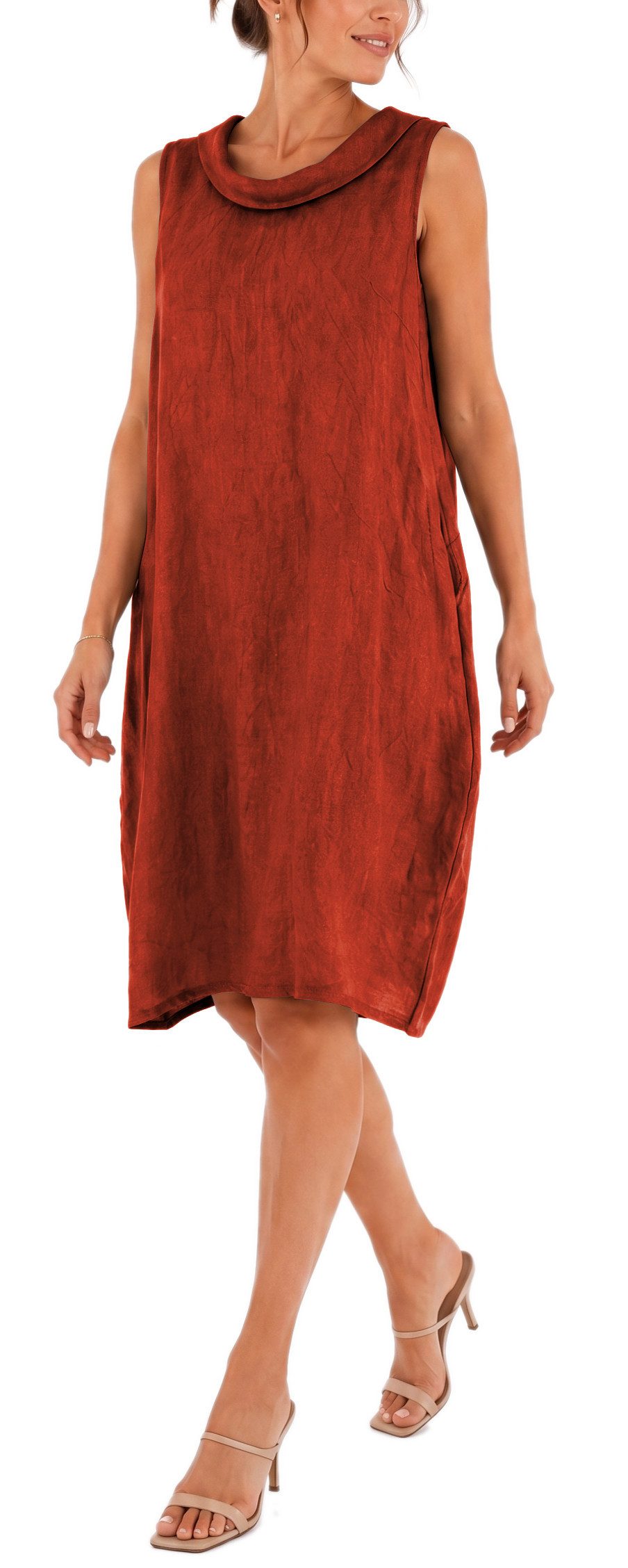 dy_mode Midikleid Damen Leinenkleid Luftiges Midi Sommerkleid Ballonkleid Strandkleid in Unifarbe, Wasserfallkragen, mit seitlichen Eingriffstaschen