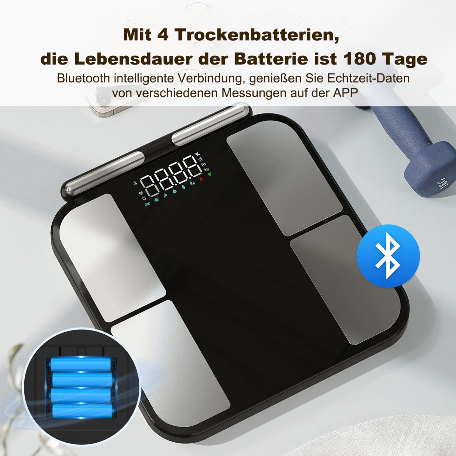 ibettertec Körper-Analyse-Waage Körperanalysewaage mit App & Bluetooth – 8 Elektroden, mit App zur Übertragung und Tracking der Messwerte, präzise Messung von Körperfett, Muskelmasse & BMI, bis zu 180 kg