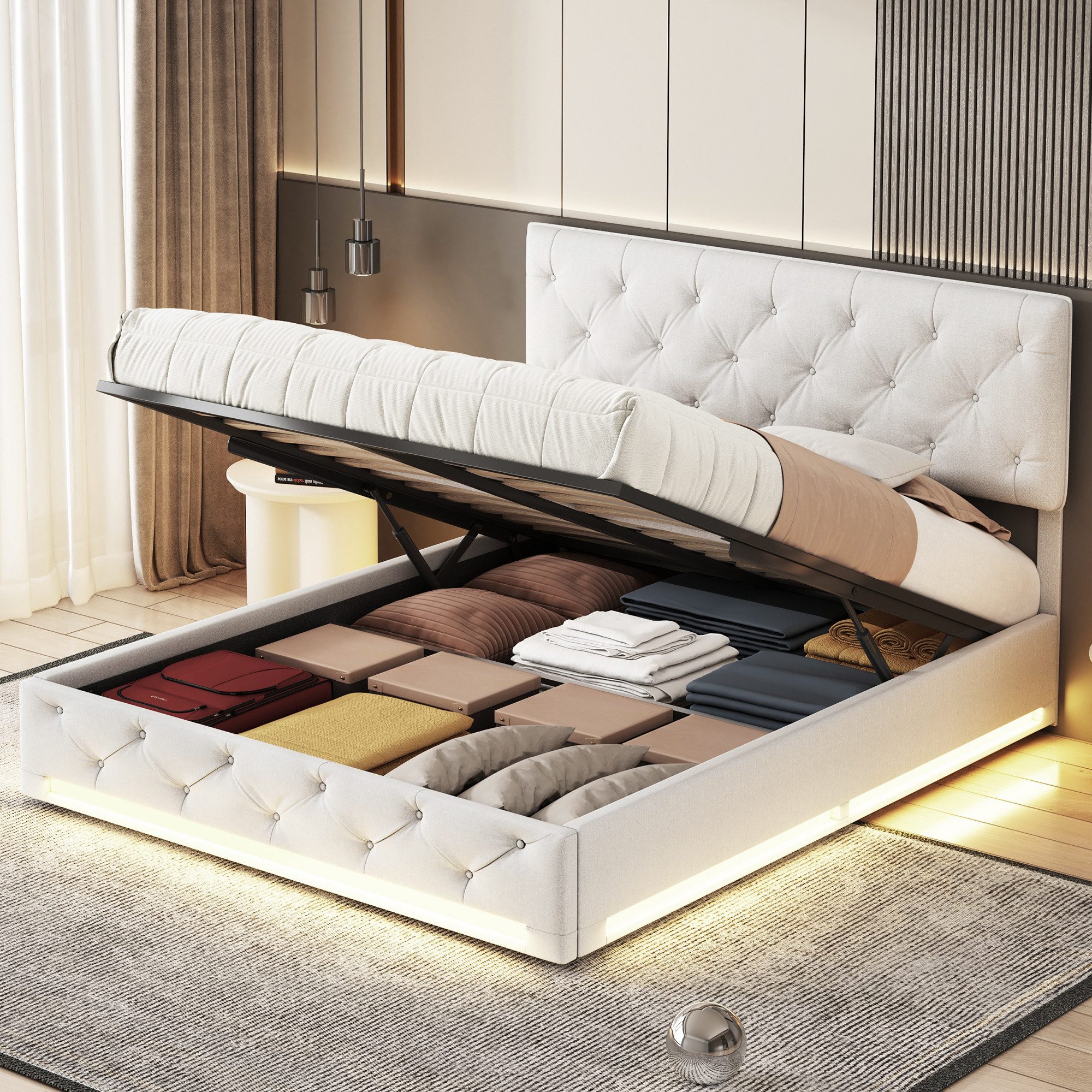 FUROKOY Boxspringbett 140x200cm LED Doppelbett Stauraumbett günstig online kaufen