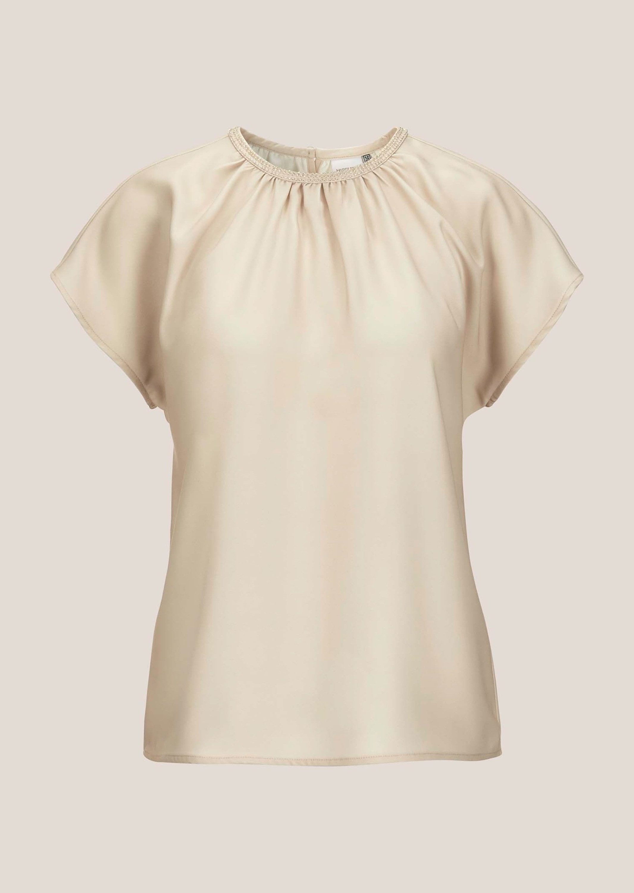 MADELEINE Shirtbluse Sommerliches Freizeitshirt mit Falten Uni-Design, runder Ausschnitt, Knopfschlingen-Verschluss hinten