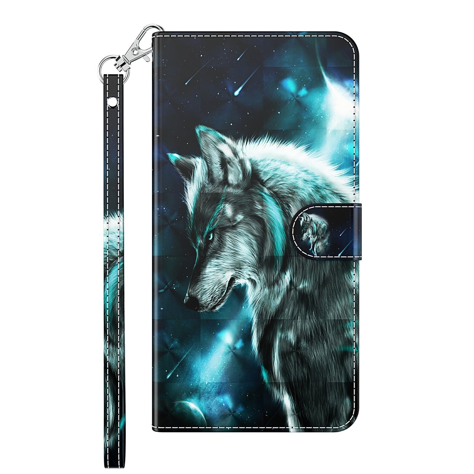 CLM-Tech Handytasche für Samsung Galaxy A16 / A17 5G Hülle aus Kunstleder Klapphülle (Wolf blau schwarz, Handyhülle mit Standfunktion - Wallet Flip Case inklusive Kartenfächer), Cover mit Magnetverschluss