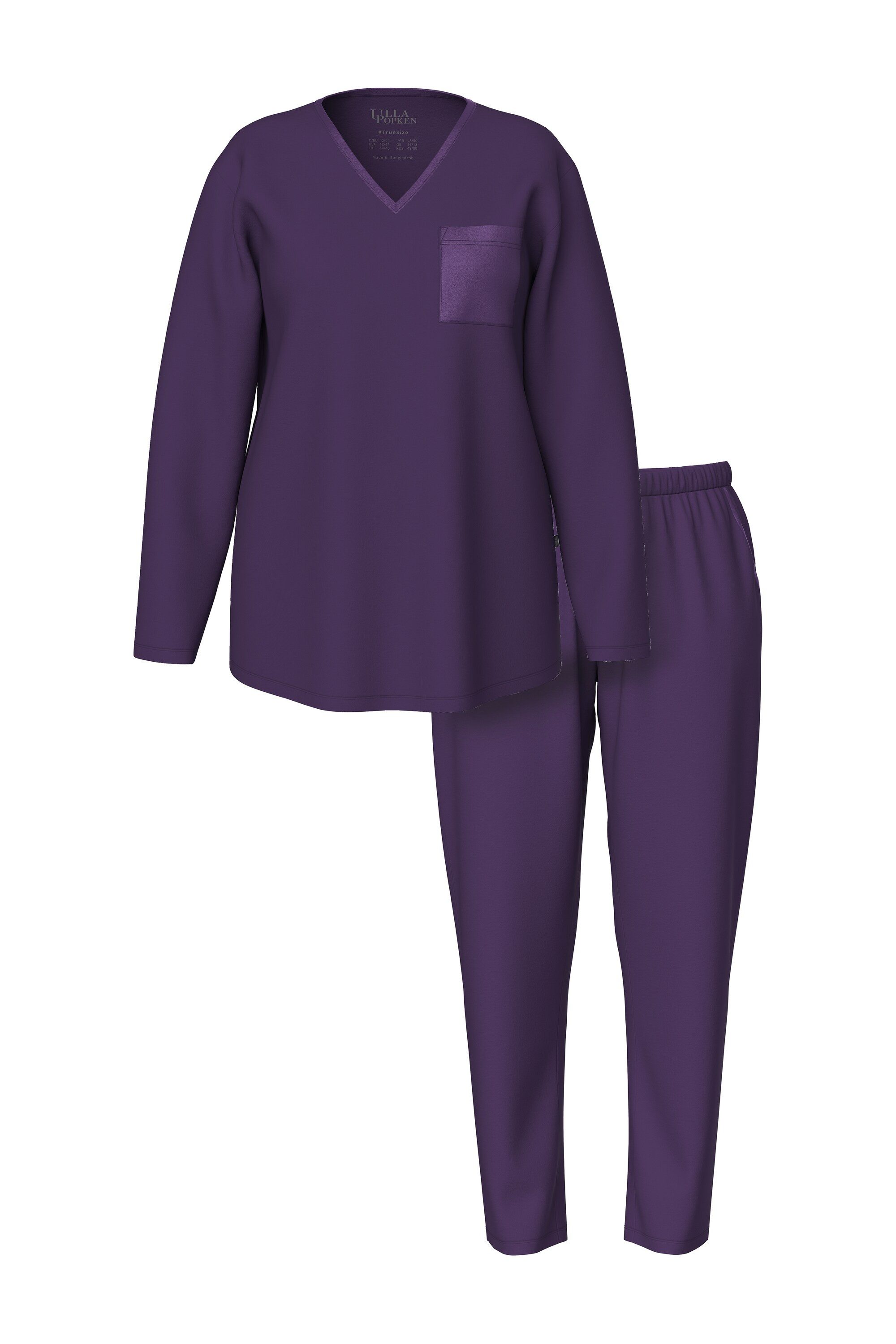 Ulla Popken Pyjama Pyjama Satin-Brusttasche V-Ausschnitt Langarm günstig online kaufen