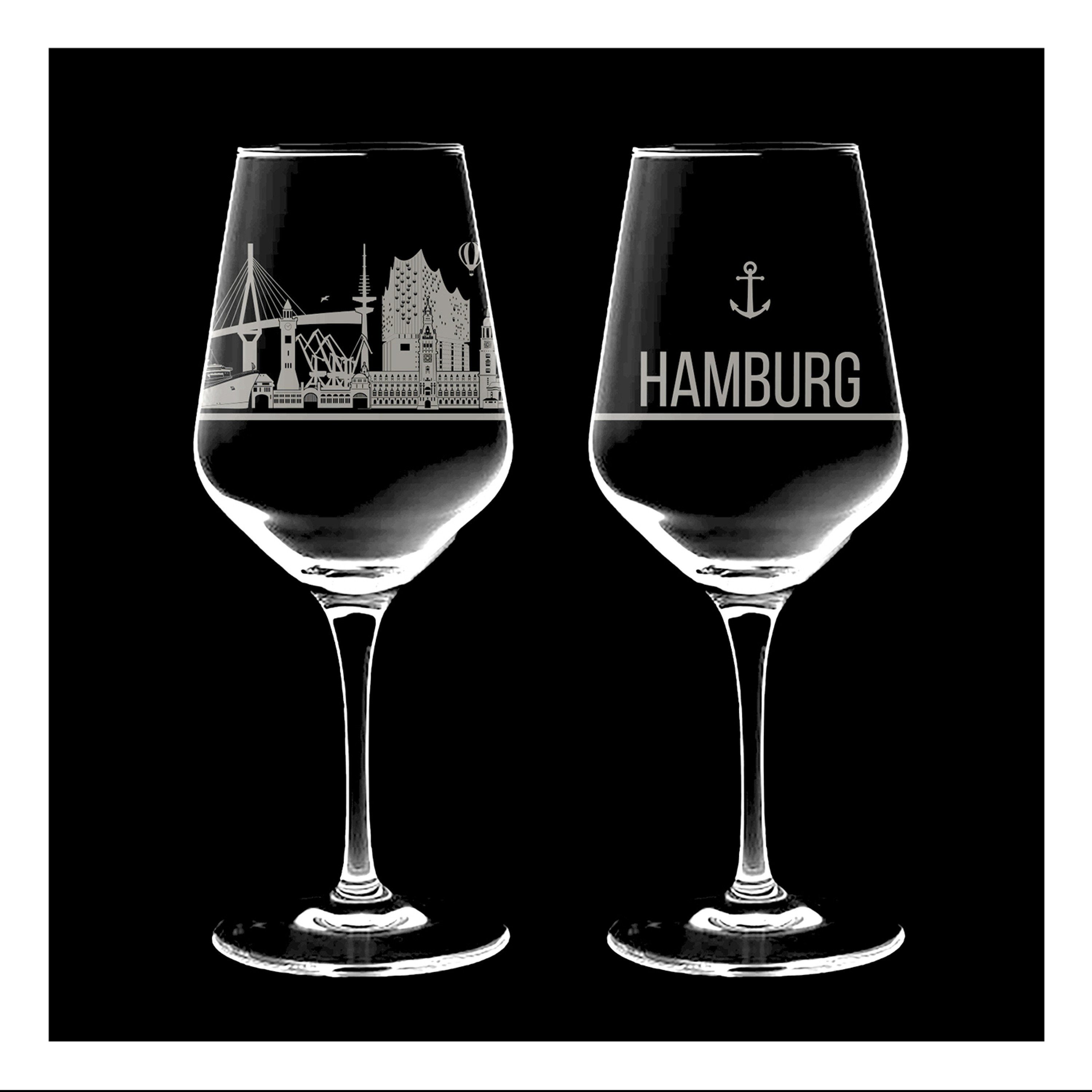 3forCologne Weinglas I LOVE Hamburg Weingläser, 2er Set mit Motiv der Hamburg Skyline, Hochwertiges Kristallglas, inkl. Geschenkverpackung