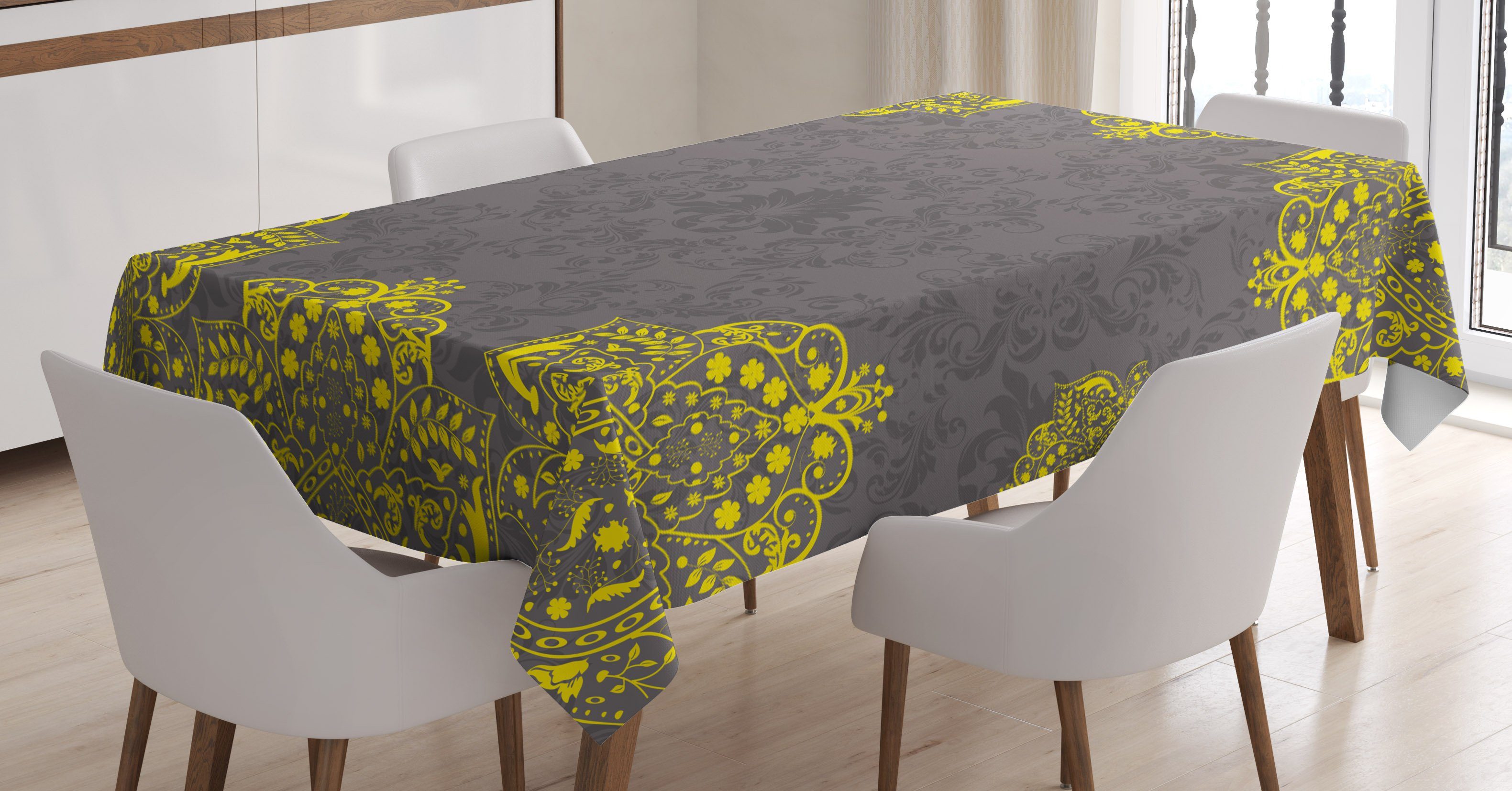 Waschbar Für geeignet Tischdecke Bereich Klare viktorianisch Farbfest Florals den Abakuhaus Außen Gelb Farben, Grau