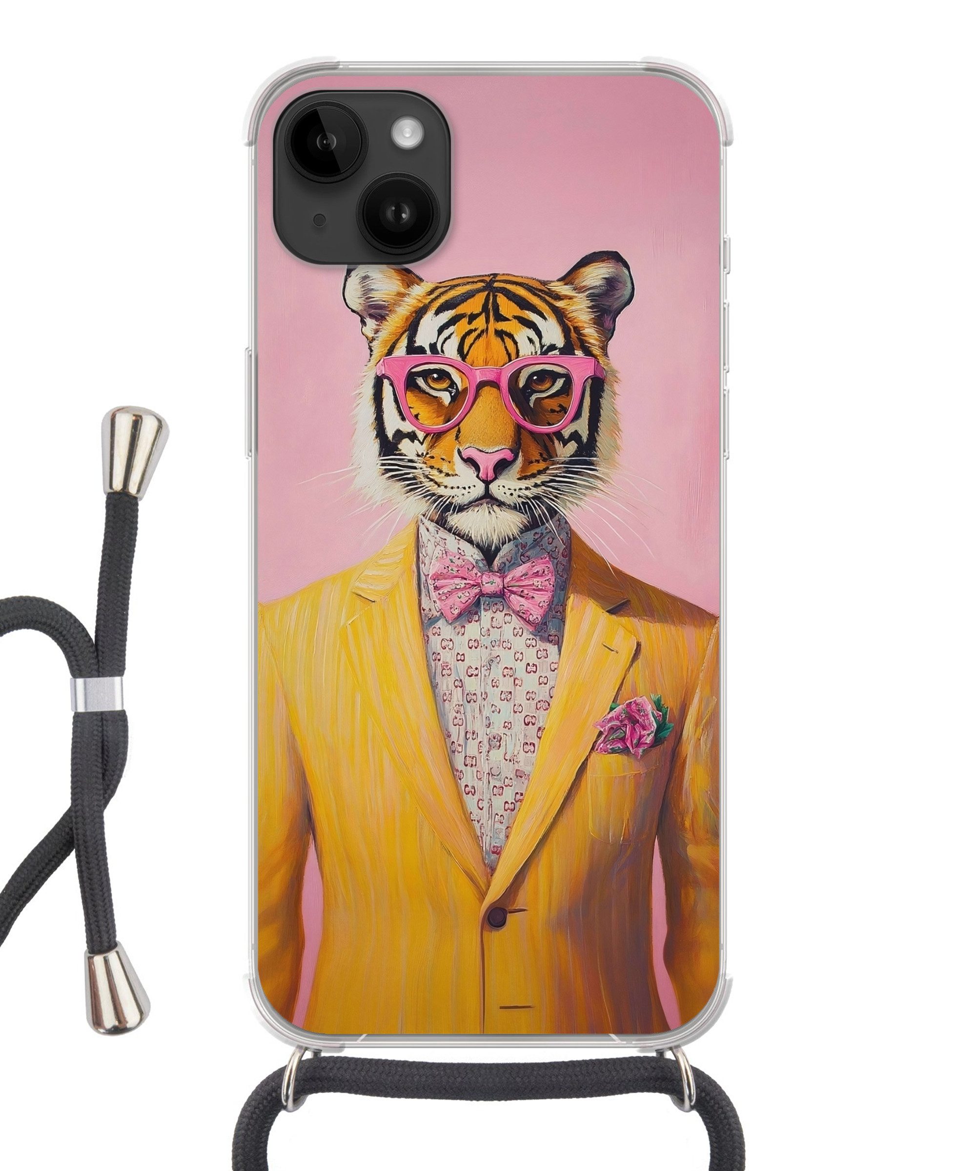 MuchoWow Handyhülle für Apple iPhone 14 Max Tiger - Brille - Gelb - Jacke, Tragbare Handyhüllen mit Kette zum umhängen, Handykette Handyband