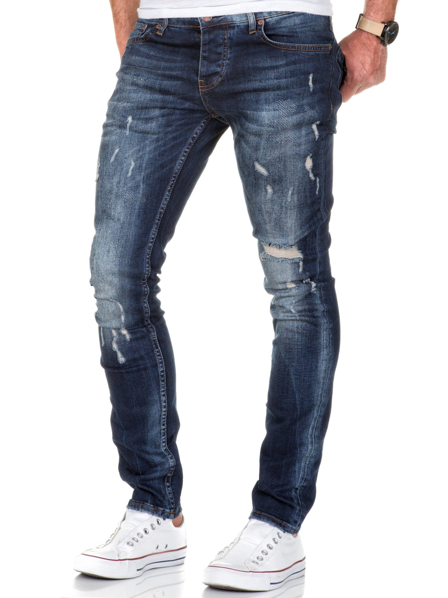 Amaci&Sons Slim-fit-Jeans FRESNO Slim Jeans Hose Destroyed Basic Fit Destroyed Dunkelblau Slim Herren Denim Regular