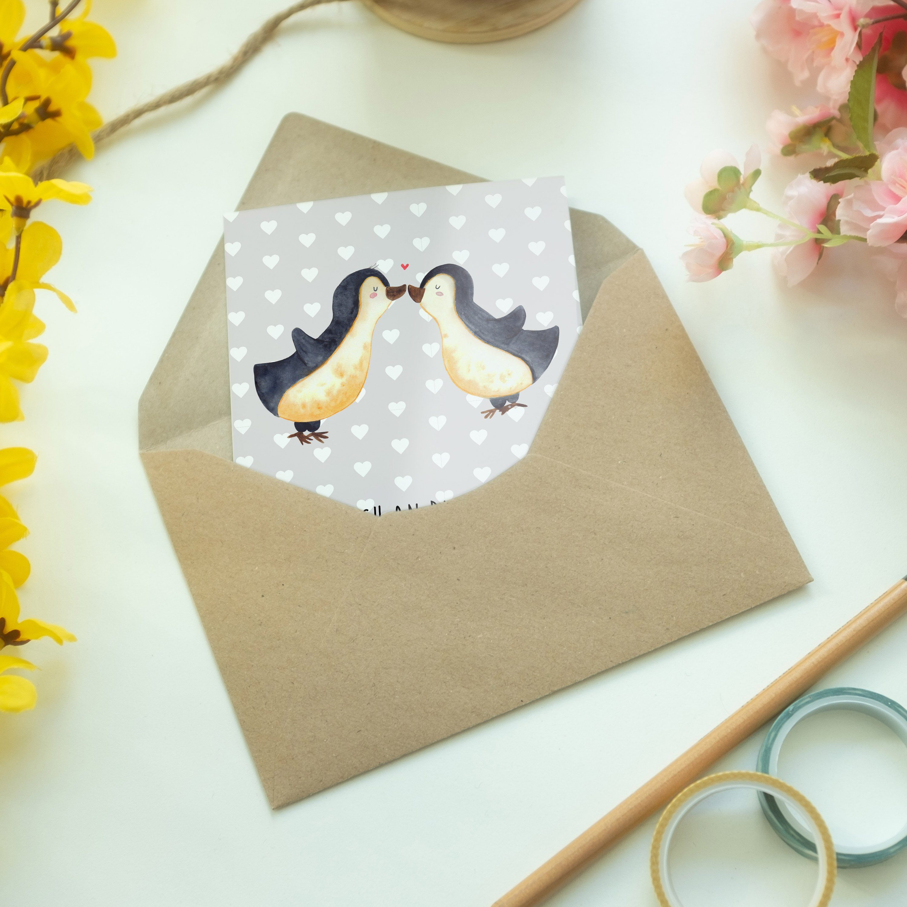 Mr. & Mrs. Panda - Grußkarte Verlobung, Ehe Kuss Pastell Grau Geschenk, Pinguine - Liebesbeweis