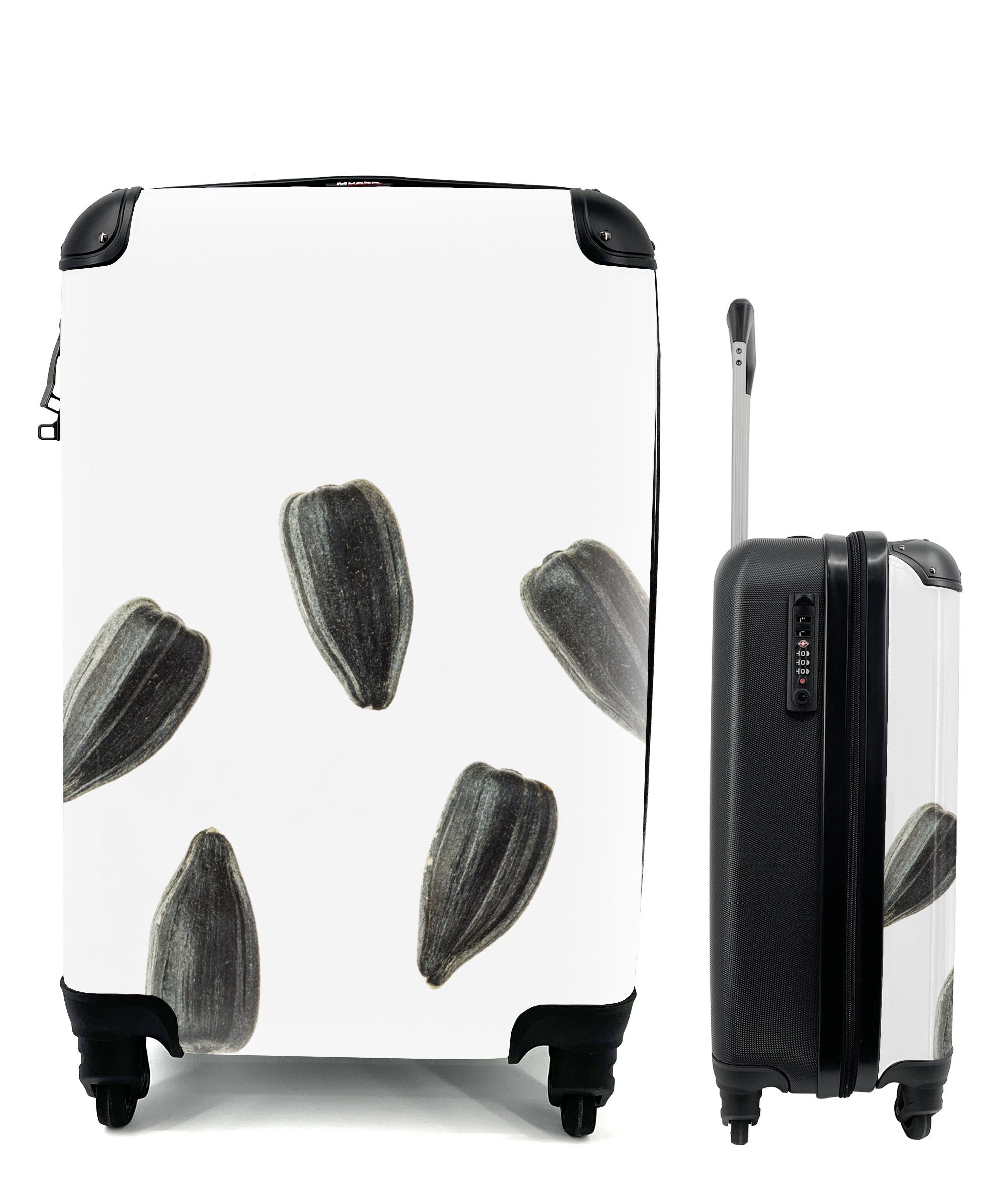 MuchoWow Handgepäckkoffer Schwarze Sonnenblumenkerne auf weißem Hintergrund, 4 Rollen, Reisetasche mit rollen, Handgepäck für Ferien, Trolley, Reisekoffer | Handgepäck-Koffer